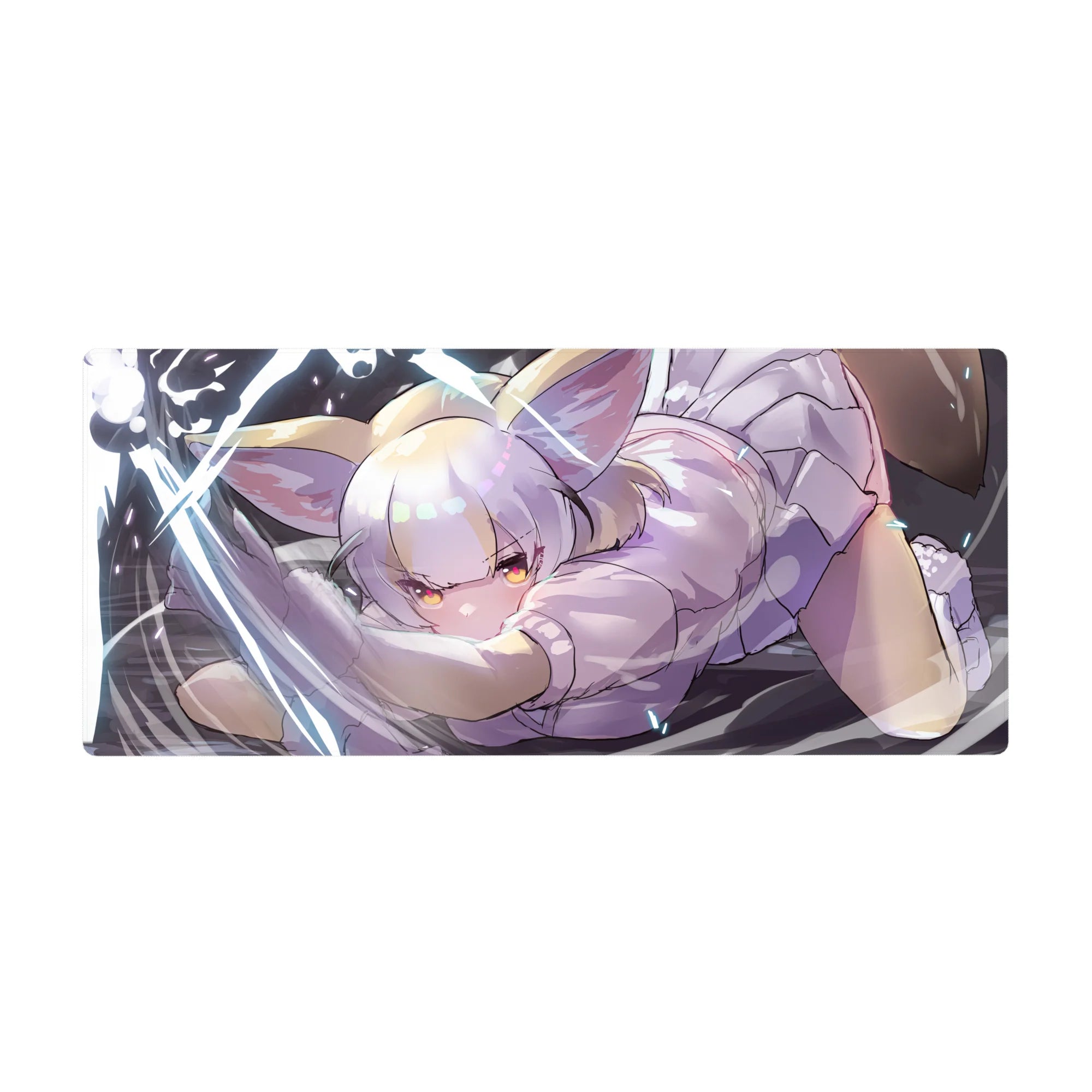 Anime girl desk pad 36x16 inches with silver-haired catgirl, lilac outfit, fluffy ears, dark backdrop.