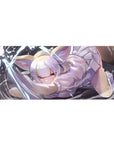 Anime girl desk pad 36x16 inches with silver-haired catgirl, lilac outfit, fluffy ears, dark backdrop.