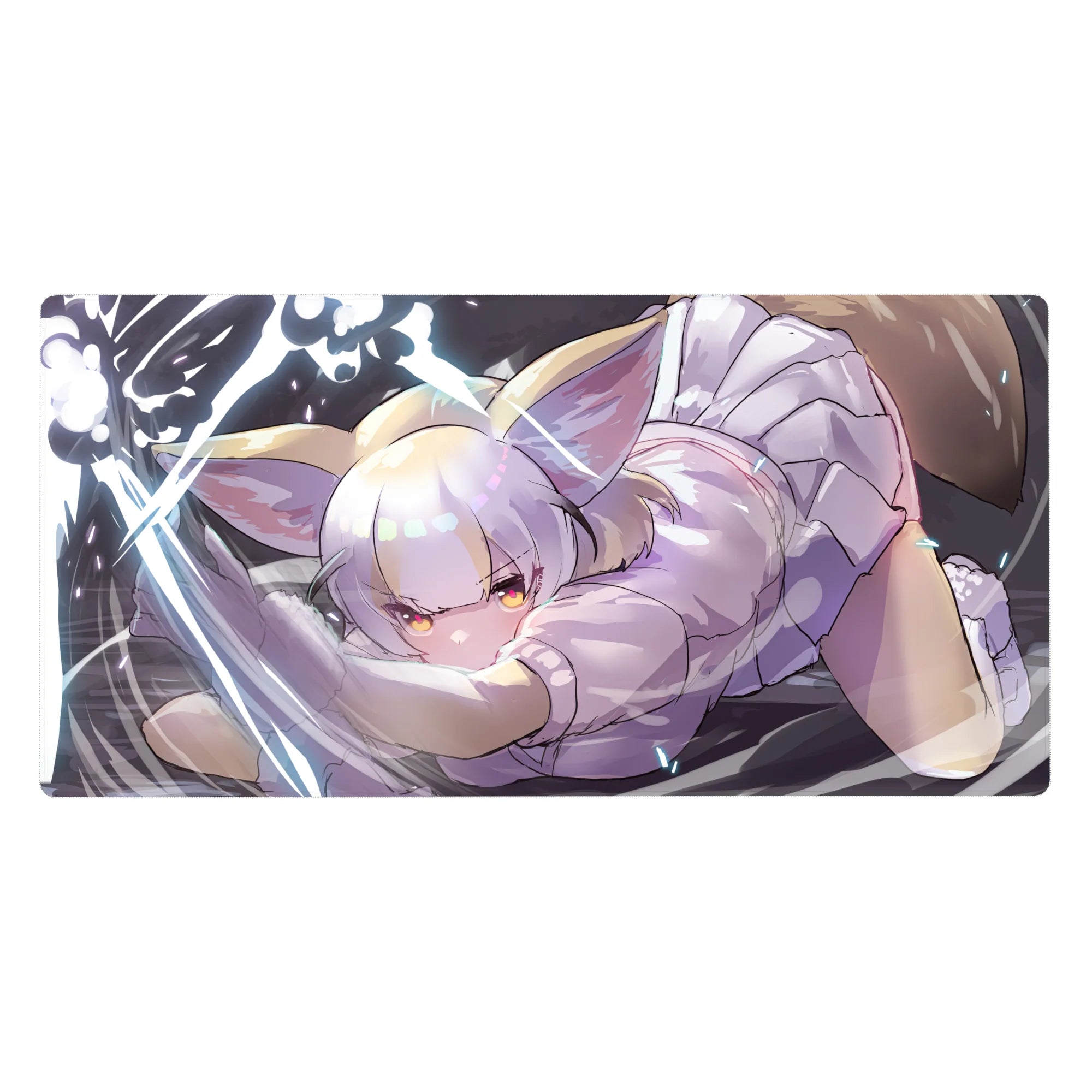 Anime catgirl desk pad 40x20 inches with silver-haired mousepad art, fluffy ears, playful pounce.