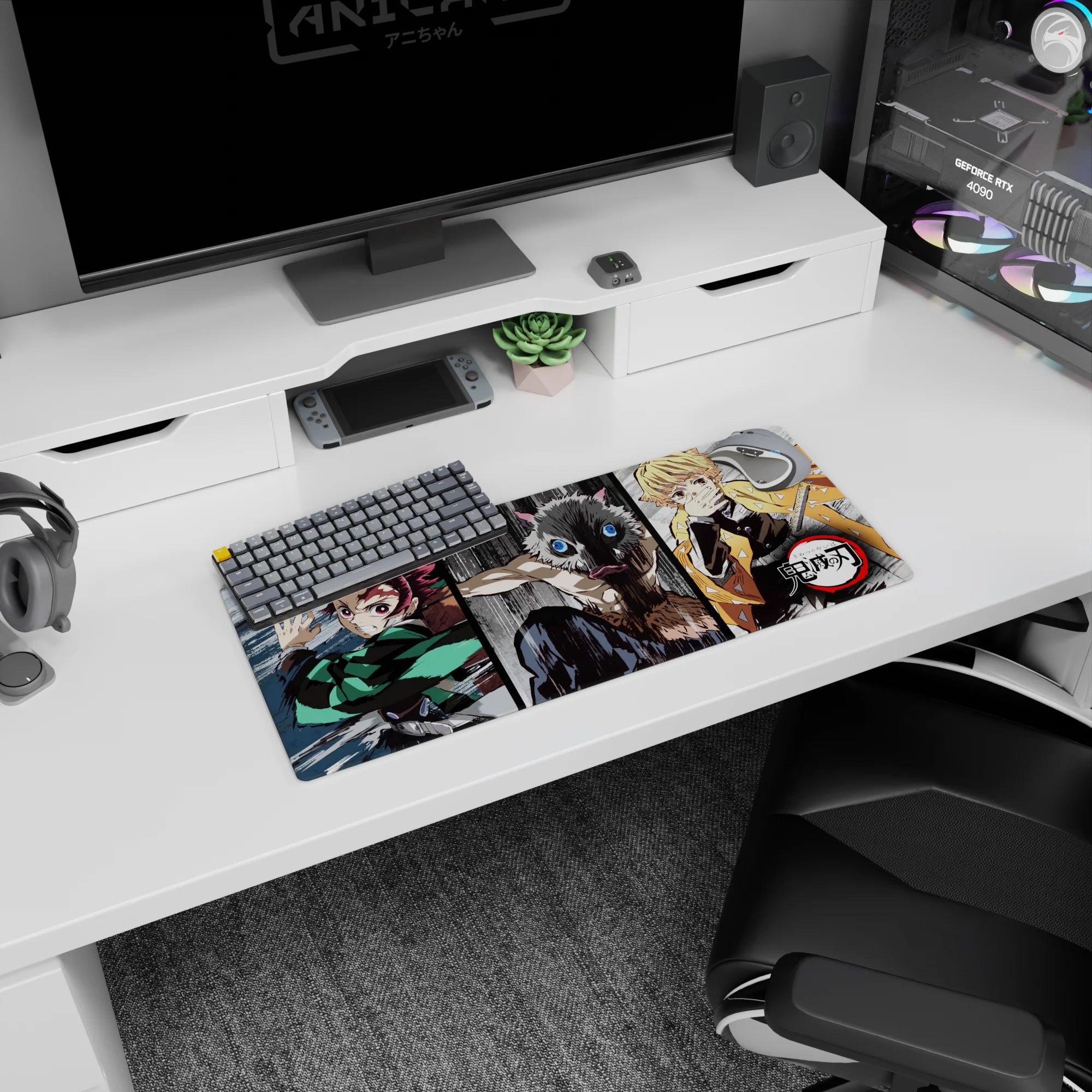 Anime mouse pad 28x12 inches with Tanjiro, Inosuke, and Zenitsu in a dynamic sketch-style from Demon Slayer.