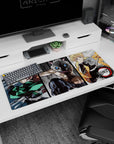 Anime desk pad featuring Tanjiro, Inosuke, Zenitsu from Demon Slayer in dynamic sketch style, size 36x16 inches.