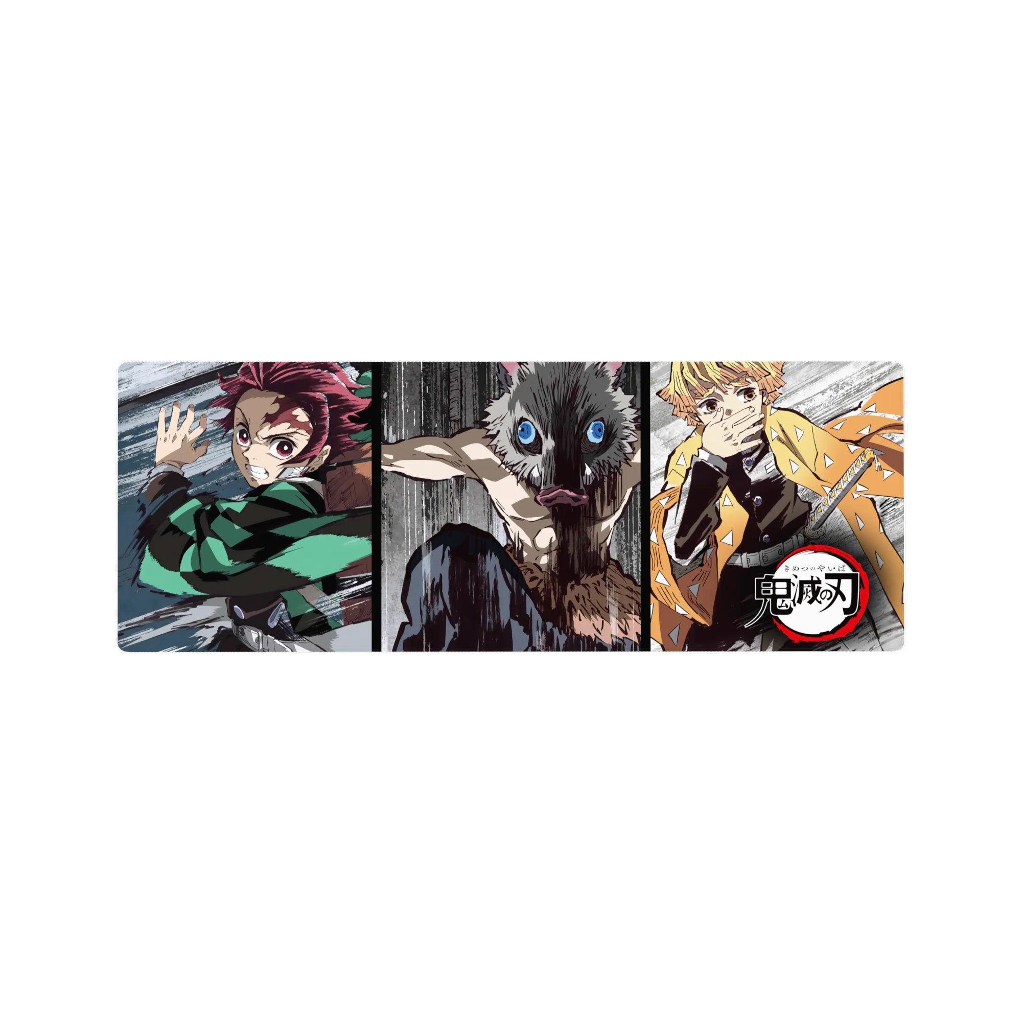 Anime mouse pad 32x12 inches featuring Tanjiro, Inosuke, and Zenitsu from Demon Slayer in a dynamic, sketch-style battle.