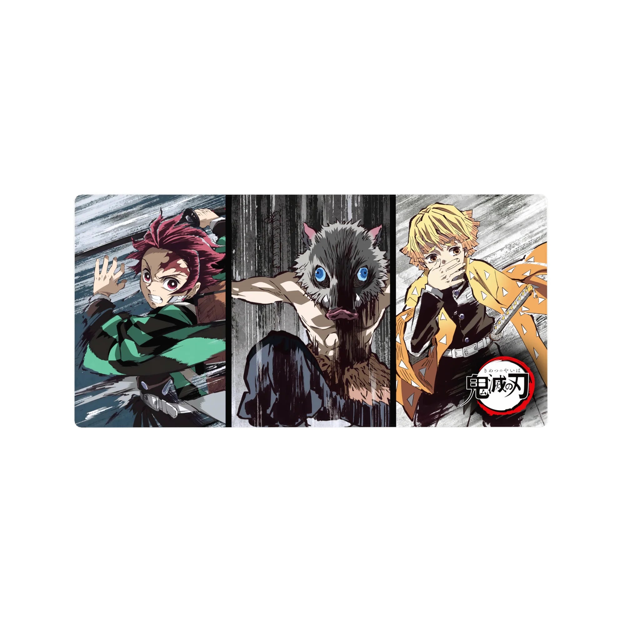 Anime mouse pad 32x16 inches featuring Tanjiro, Inosuke, and Zenitsu from Demon Slayer in a dynamic, sketch-style brawl.