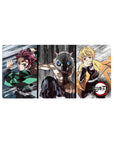 Anime mouse pad 32x16 inches featuring Tanjiro, Inosuke, and Zenitsu from Demon Slayer in a dynamic, sketch-style brawl.