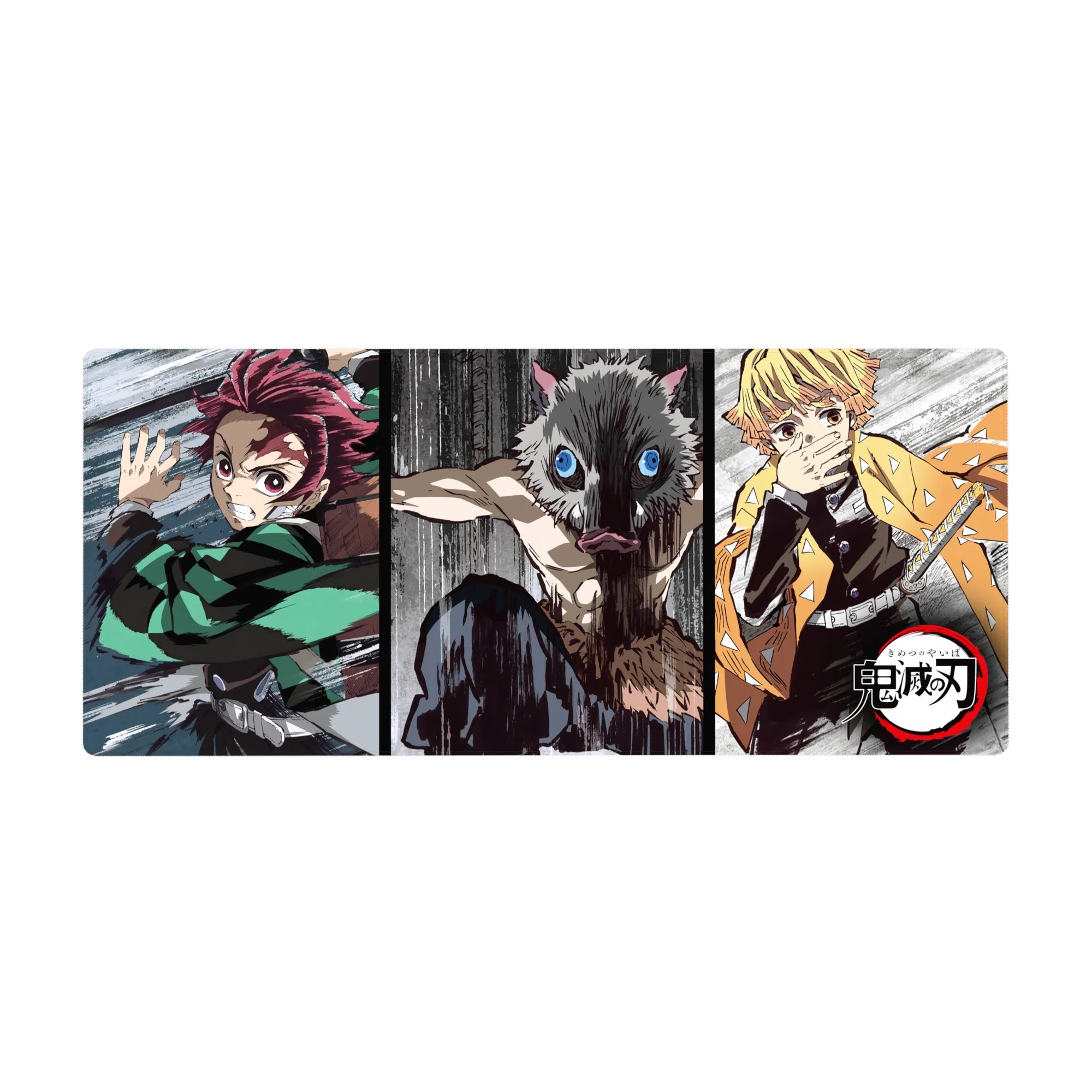 Anime desk pad 36x16 inches featuring Tanjiro, Inosuke, and Zenitsu from Demon Slayer in dynamic sketch-style action.