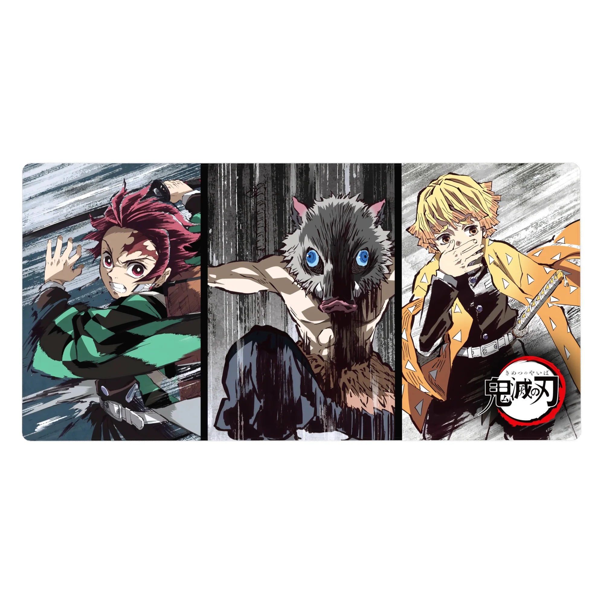 Anime desk pad 40x20 inches featuring Tanjiro, Inosuke, and Zenitsu from Demon Slayer in a raw, sketch-style battle scene.