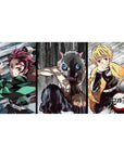 Anime desk pad 40x20 inches featuring Tanjiro, Inosuke, and Zenitsu from Demon Slayer in a raw, sketch-style battle scene.