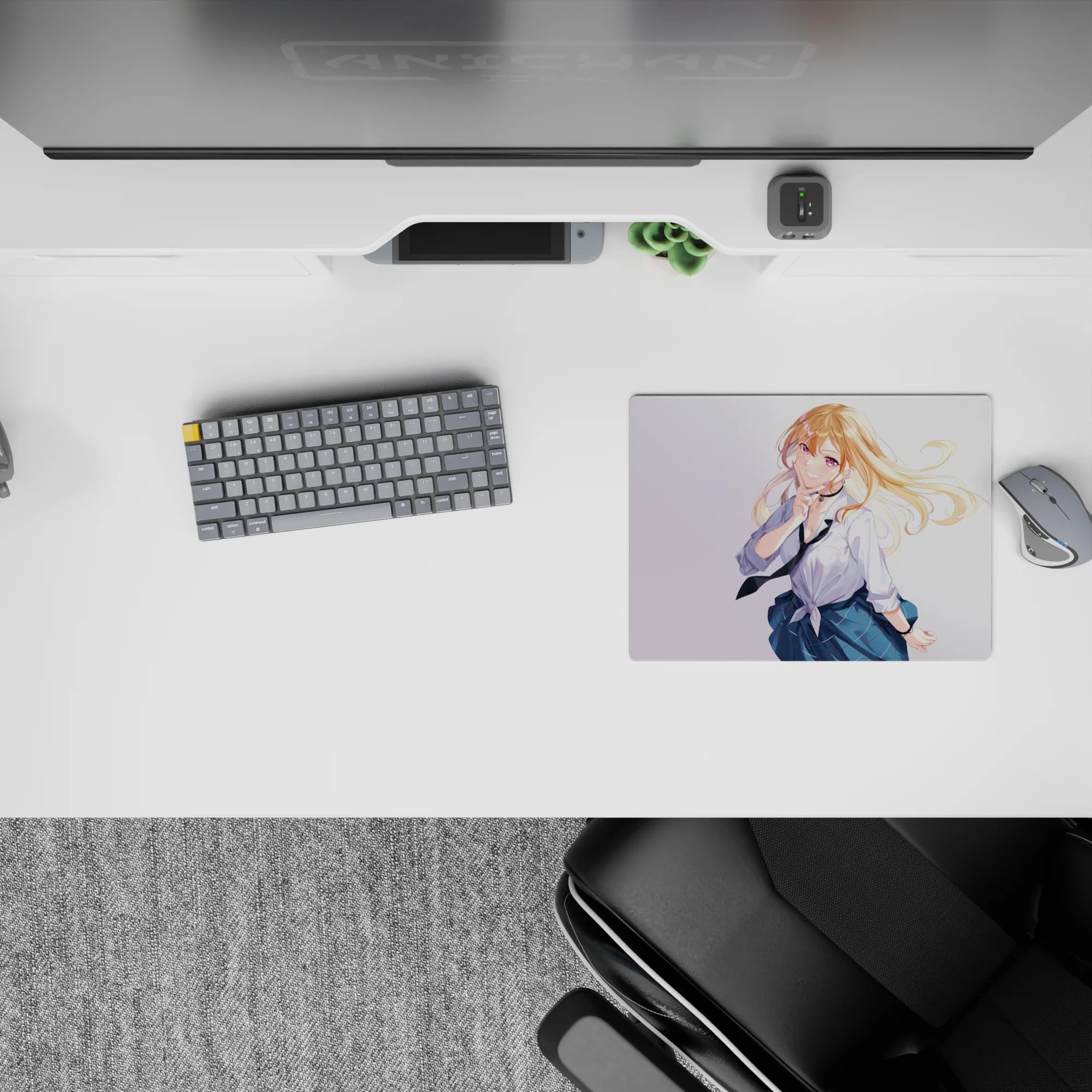 Pastel airy anime mouse pad 14x10 inches in bright tones, blonde girl with violet eyes, playful vibe.
