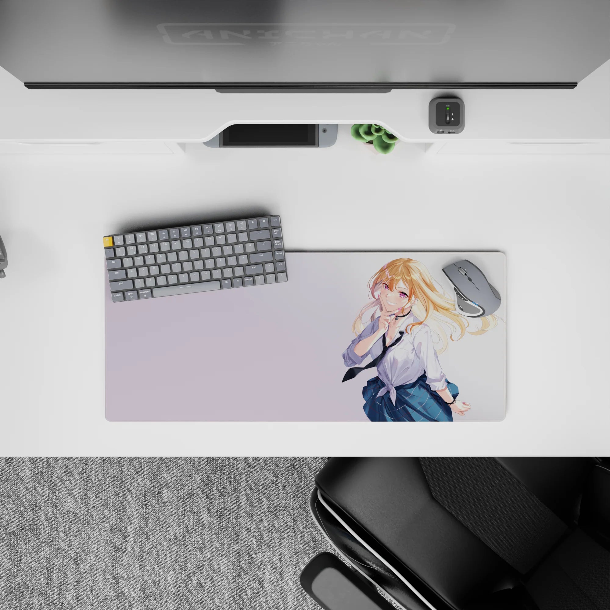 28x12 inches pastel anime desk mouse pad, bright airy vibe with blonde girl and violet eyes on soft background.