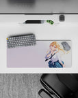 28x12 inches pastel anime desk mouse pad, bright airy vibe with blonde girl and violet eyes on soft background.