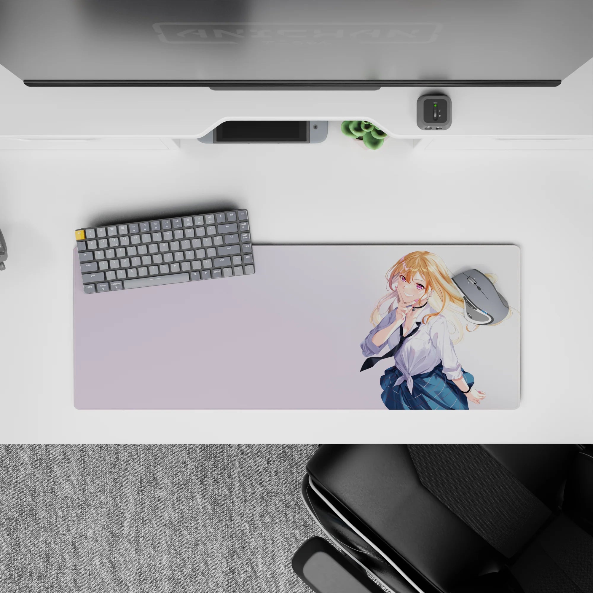 Bright pastel anime desk mat 32x12 inches, airy cute vibe with blonde girl, violet eyes, soft breeze.