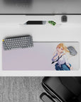 Bright pastel anime desk mat 32x12 inches, airy cute vibe with blonde girl, violet eyes, soft breeze.