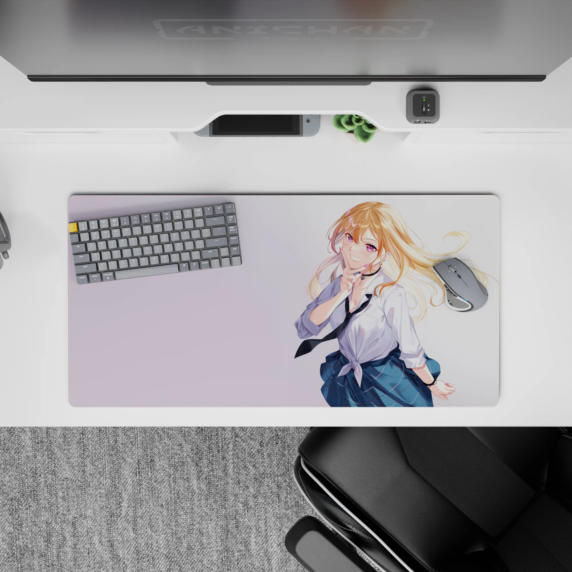 32x16 inches pastel desk mat featuring bright blonde anime girl, violet eyes, airy clean background, flirty vibe.