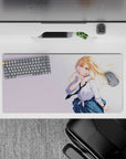 32x16 inches pastel desk mat featuring bright blonde anime girl, violet eyes, airy clean background, flirty vibe.