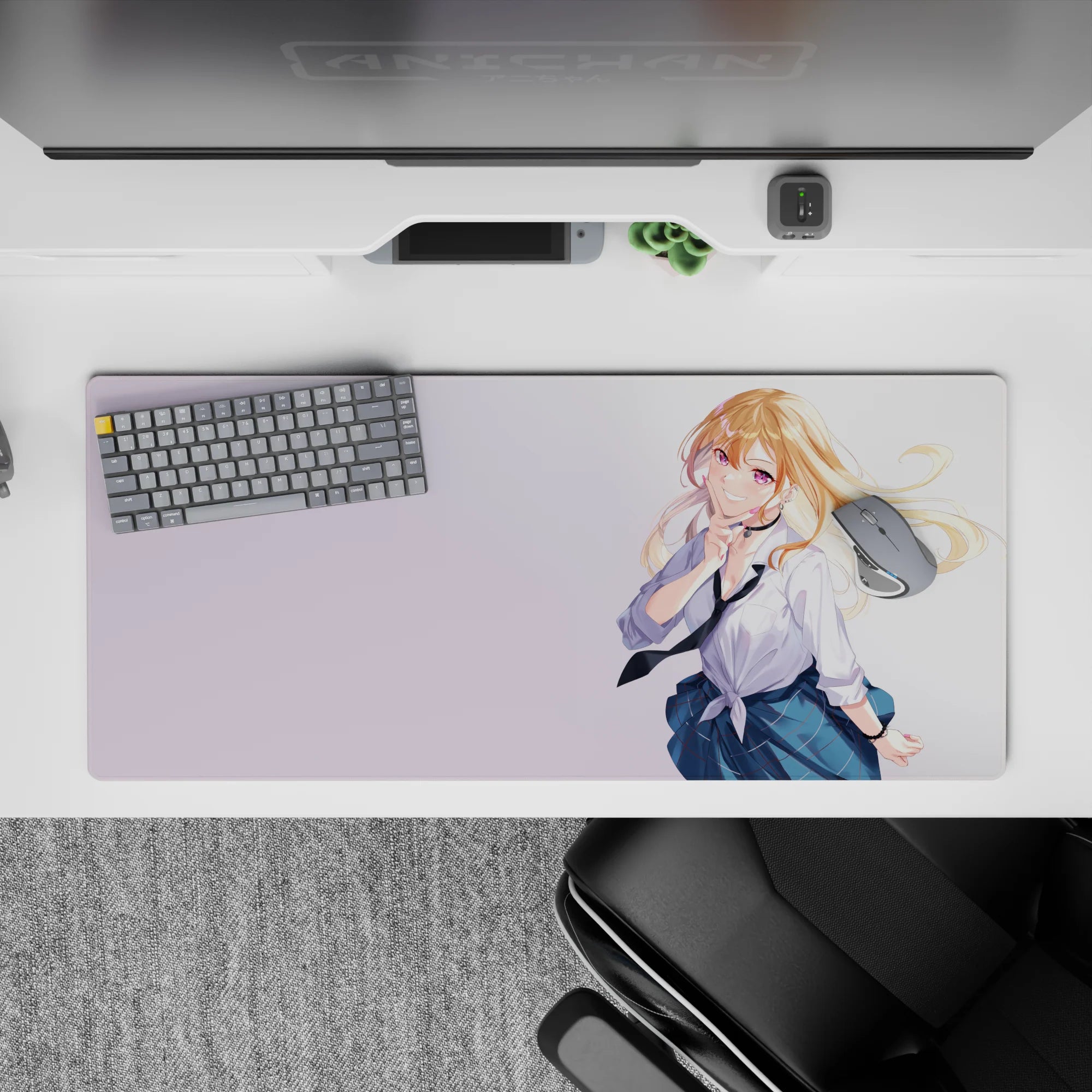 Pastel anime desk pad 36x16 inches in airy tones, blonde girl with violet eyes and breezy hair.