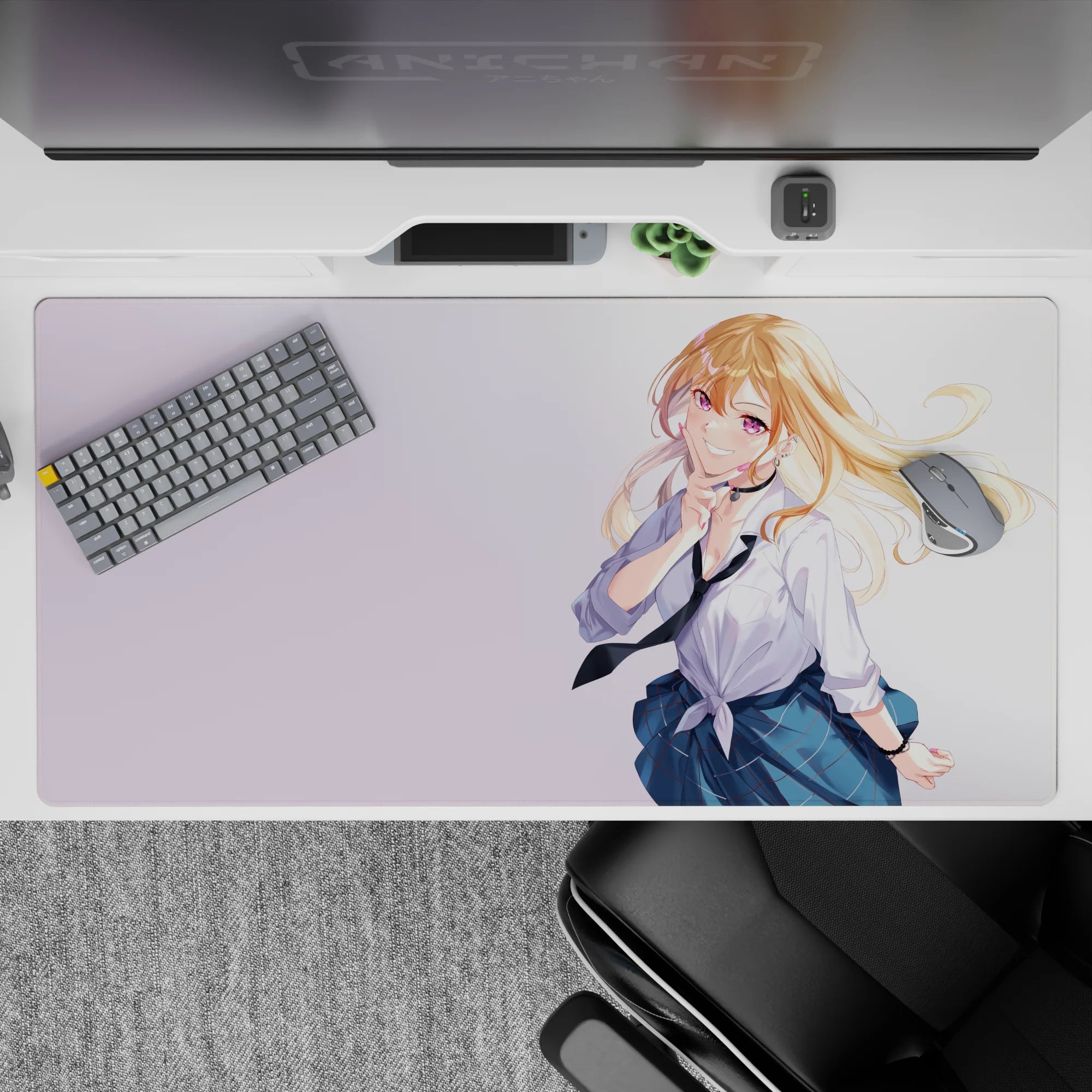 Pastel anime desk pad 40x20 inches in airy soft tones, bright blonde and violet eyes, playful vibe.