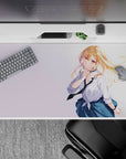 Pastel anime desk pad 40x20 inches in airy soft tones, bright blonde and violet eyes, playful vibe.
