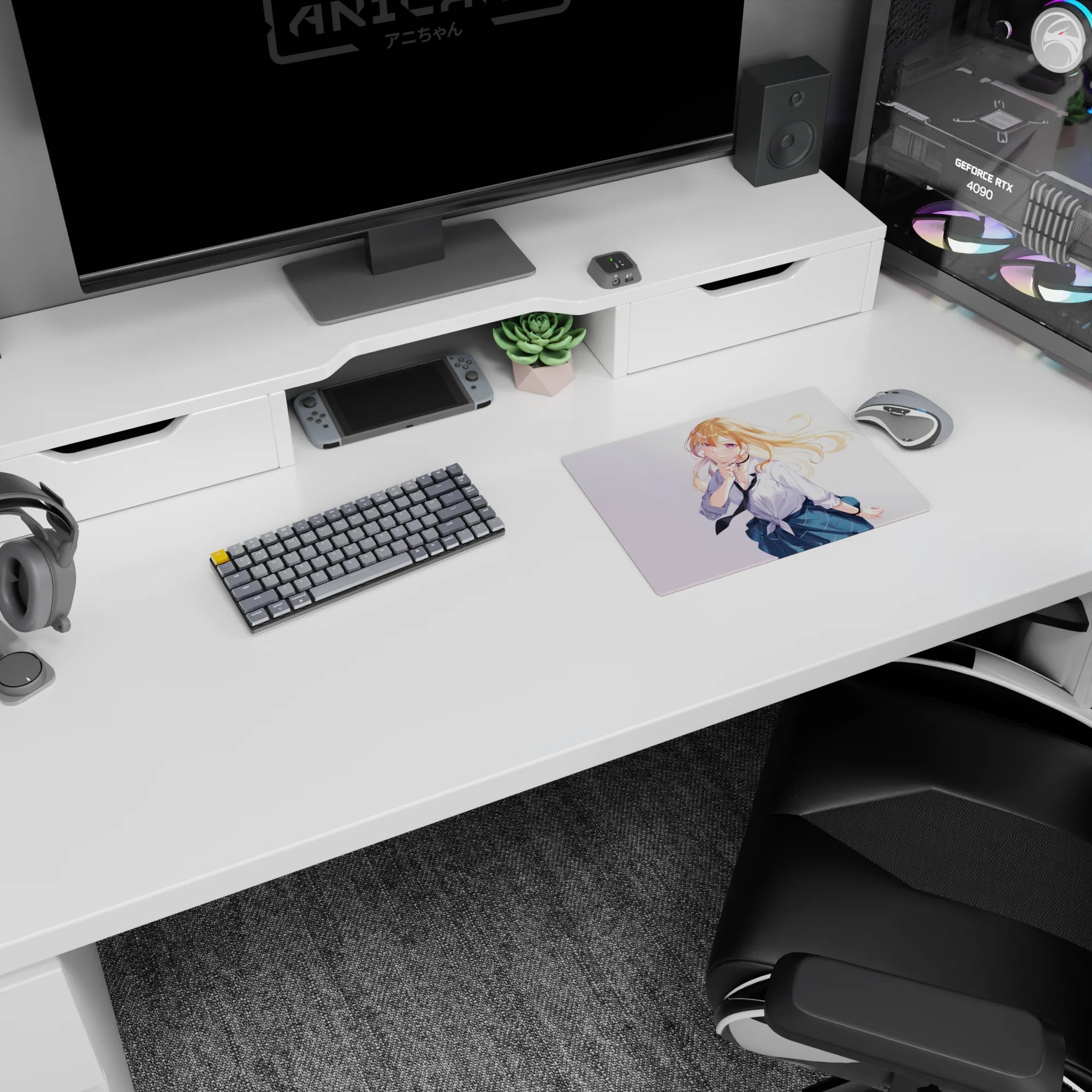 Anime schoolgirl mouse pad 14x10 inches, blonde with violet eyes doing finger-to-lips shh pose.