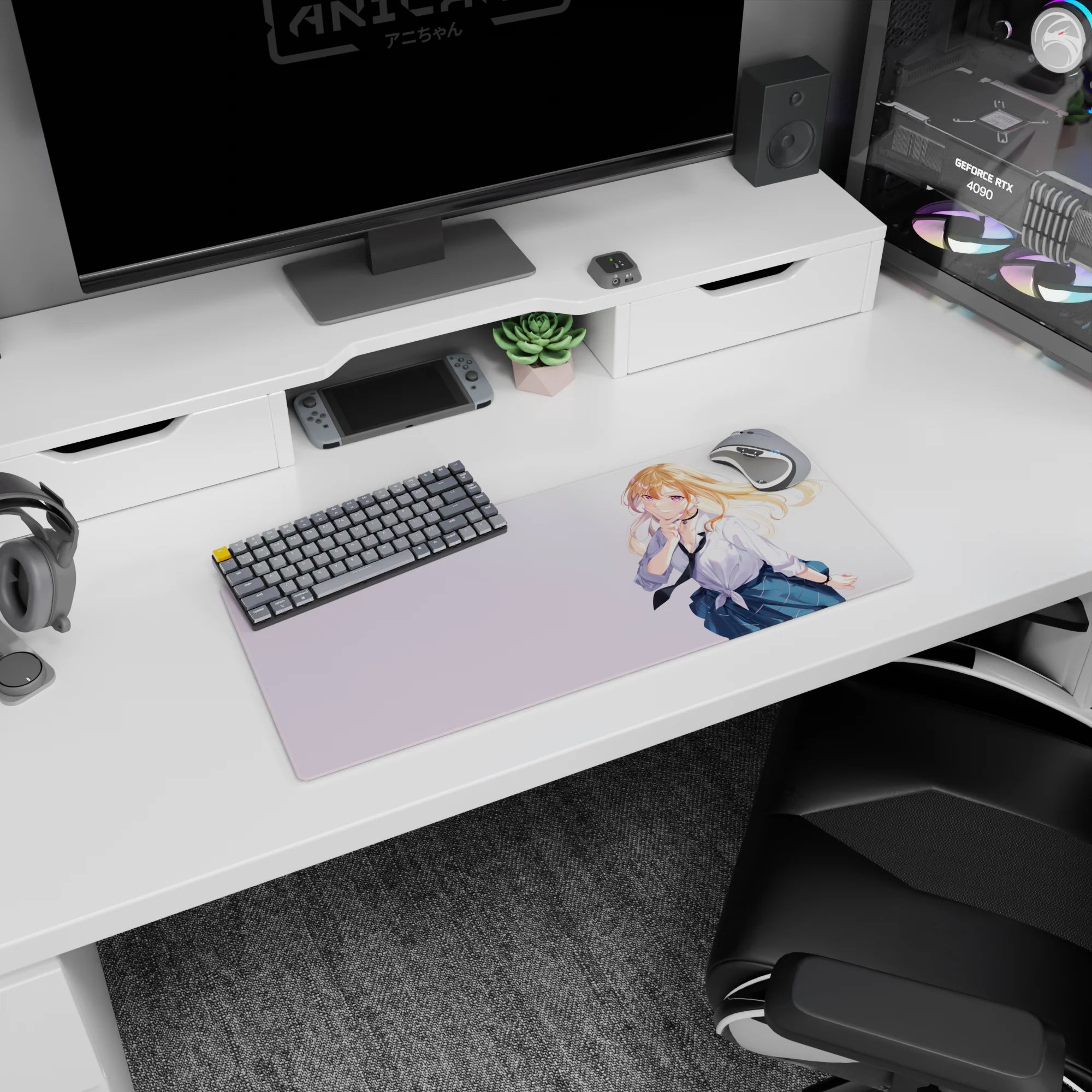 28x12 inches anime girl mouse pad showing finger-to-lips pose, windblown blonde hair, plaid skirt, rolled sleeves.