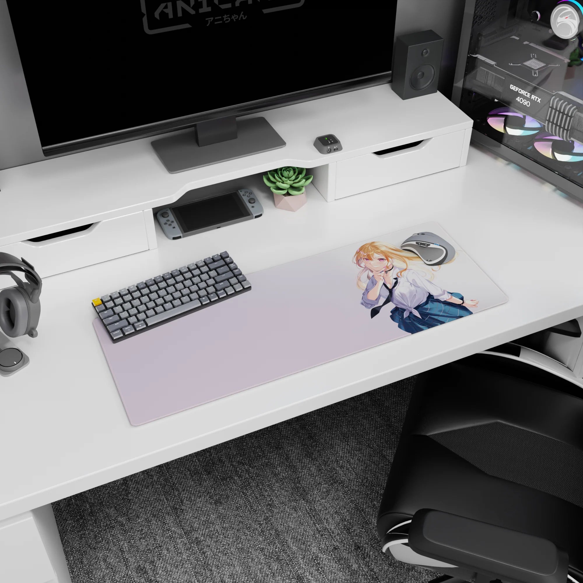 Playful finger-to-lips blonde anime schoolgirl mouse pad 32x12 inches, white shirt, black tie, blue plaid skirt.