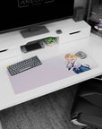 Playful finger-to-lips blonde anime schoolgirl mouse pad 32x12 inches, white shirt, black tie, blue plaid skirt.