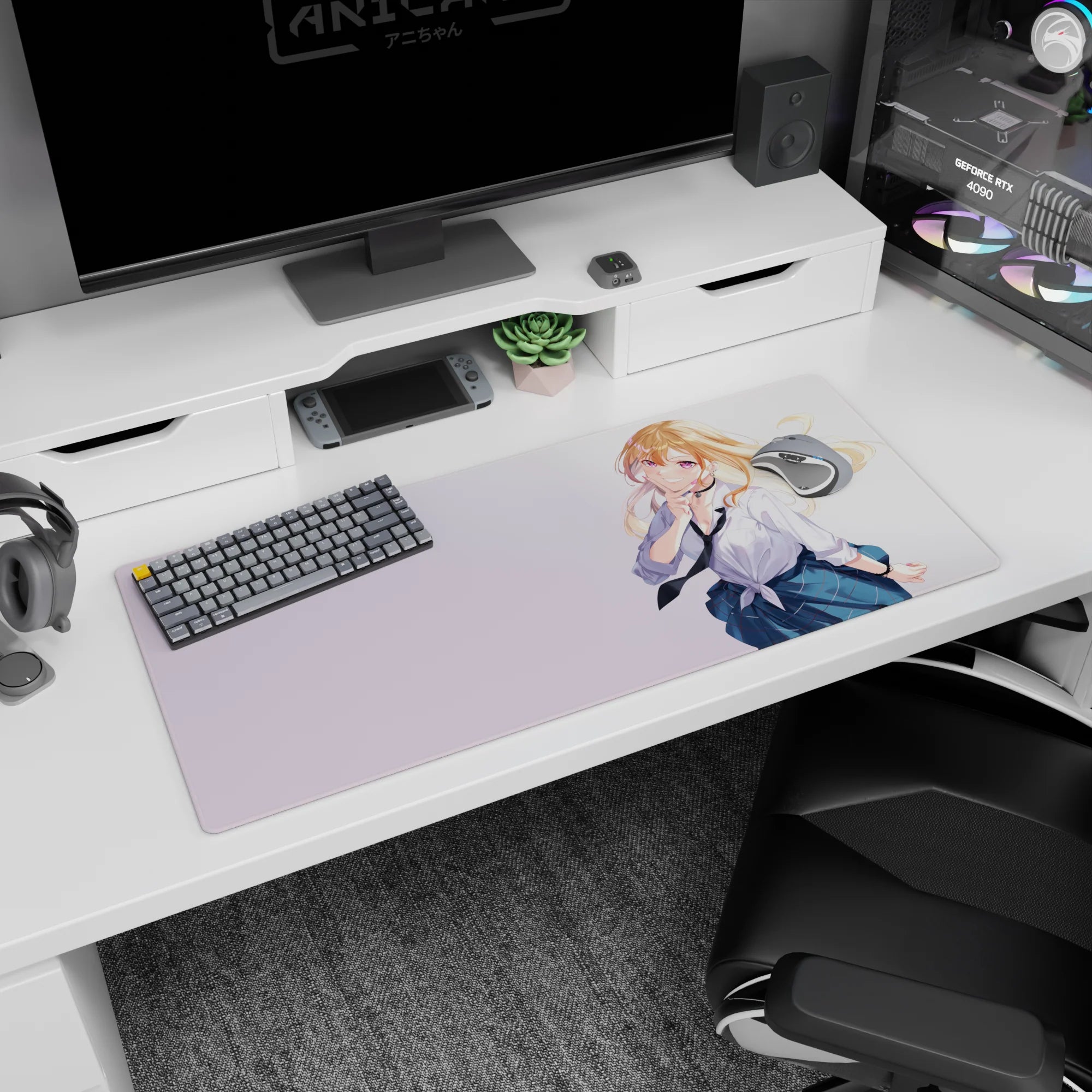 Playful finger-to-lips anime schoolgirl desk pad 36x16 inches, blonde with violet eyes in uniform.