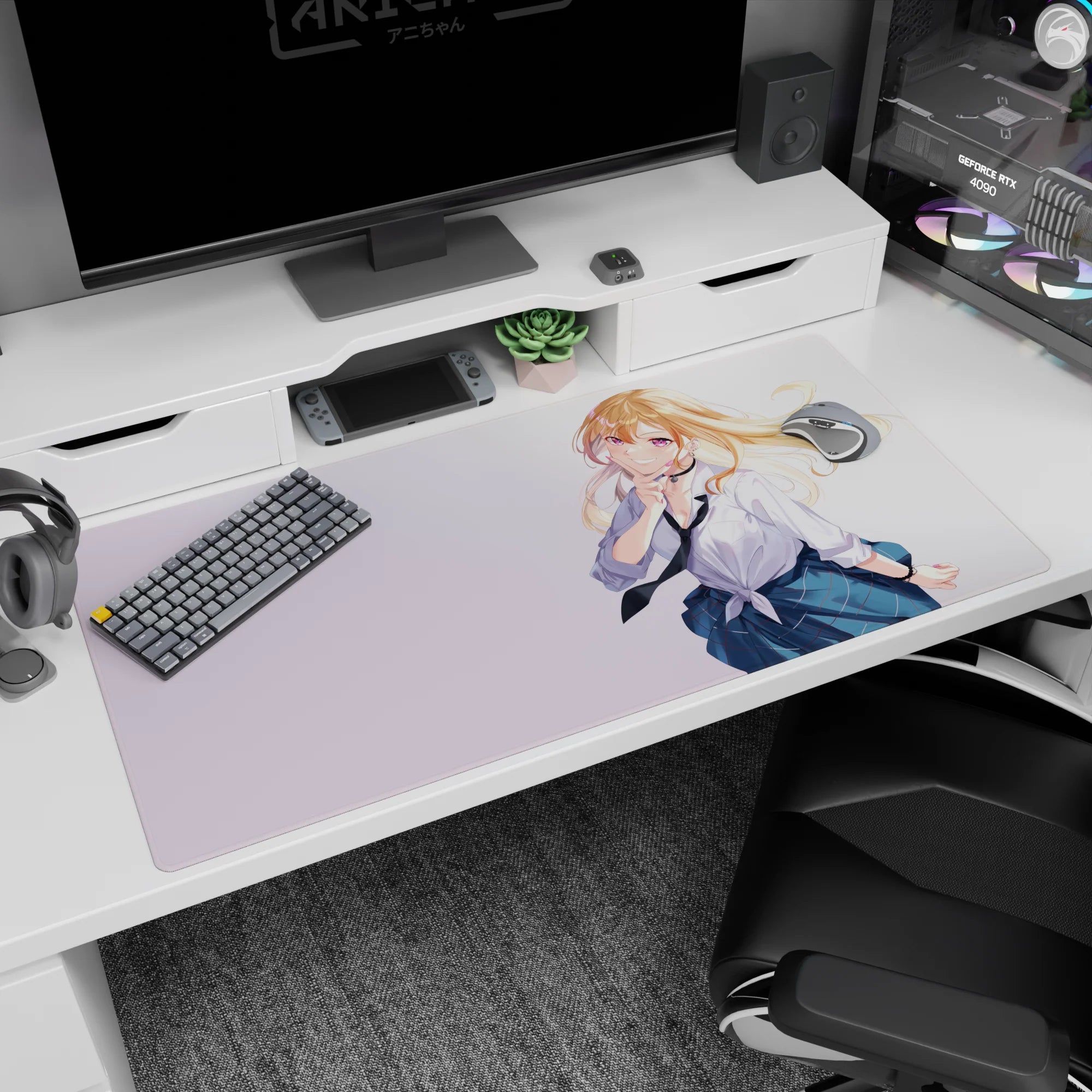Flirty blonde anime schoolgirl desk pad 40x20 inches, finger-to-lips pose, hair in breeze on pastel.