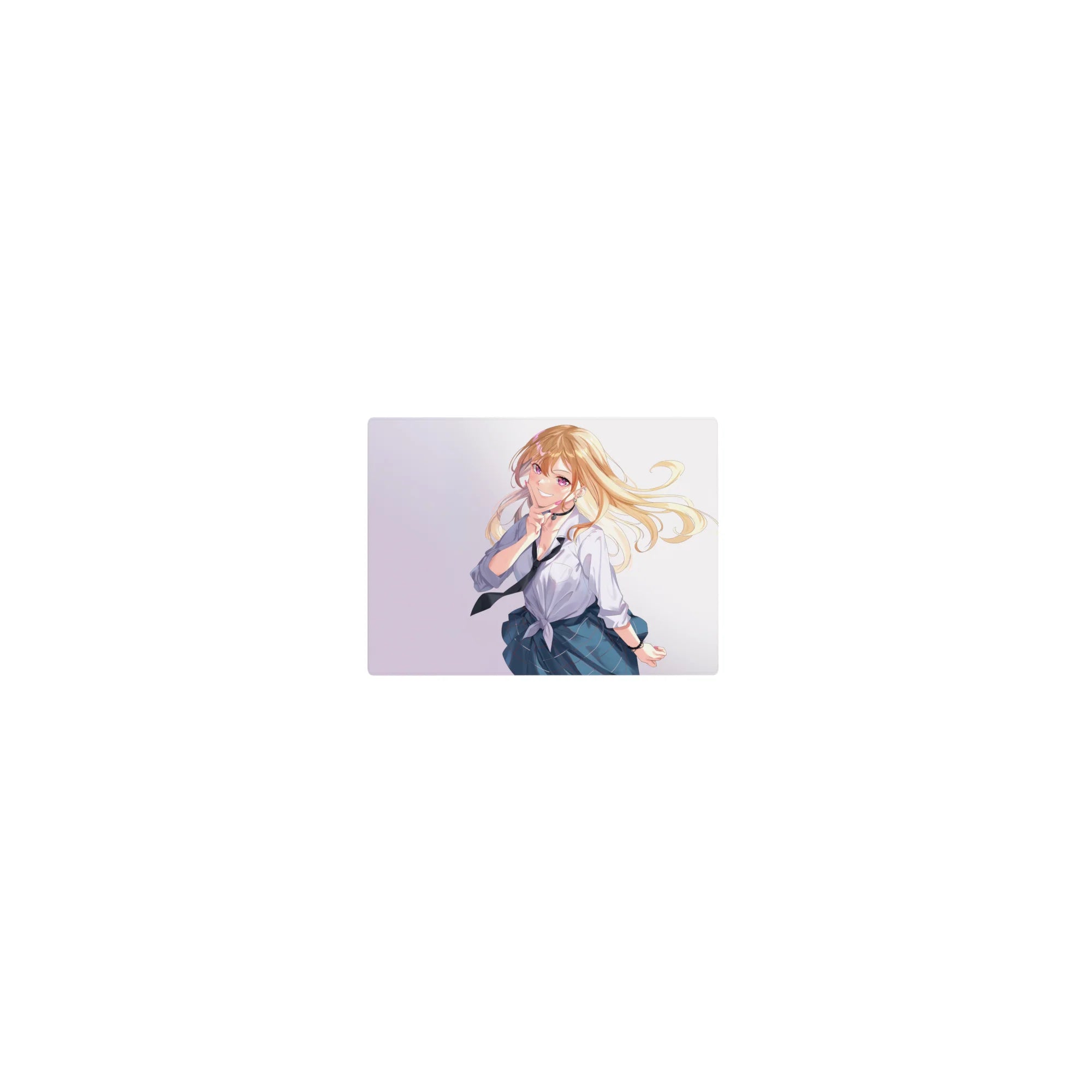 Classic anime girl mouse pad 14x10 inches with blonde schoolgirl, white tied shirt, plaid skirt, loose tie.