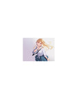 Classic anime girl mouse pad 14x10 inches with blonde schoolgirl, white tied shirt, plaid skirt, loose tie.