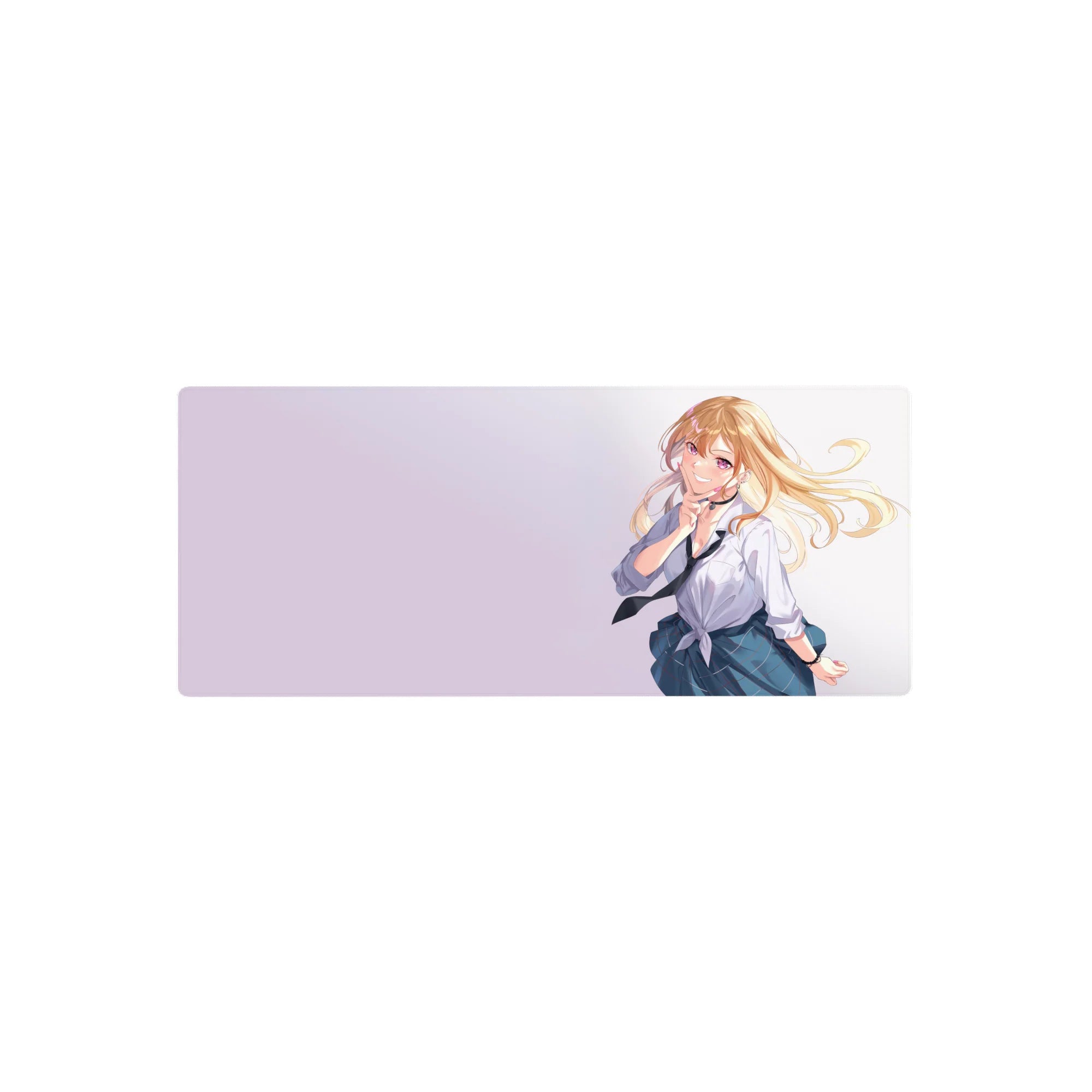 28x12 inches anime girl mouse pad with blonde schoolgirl, white tied shirt, black tie, blue plaid skirt.