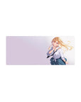 28x12 inches anime girl mouse pad with blonde schoolgirl, white tied shirt, black tie, blue plaid skirt.