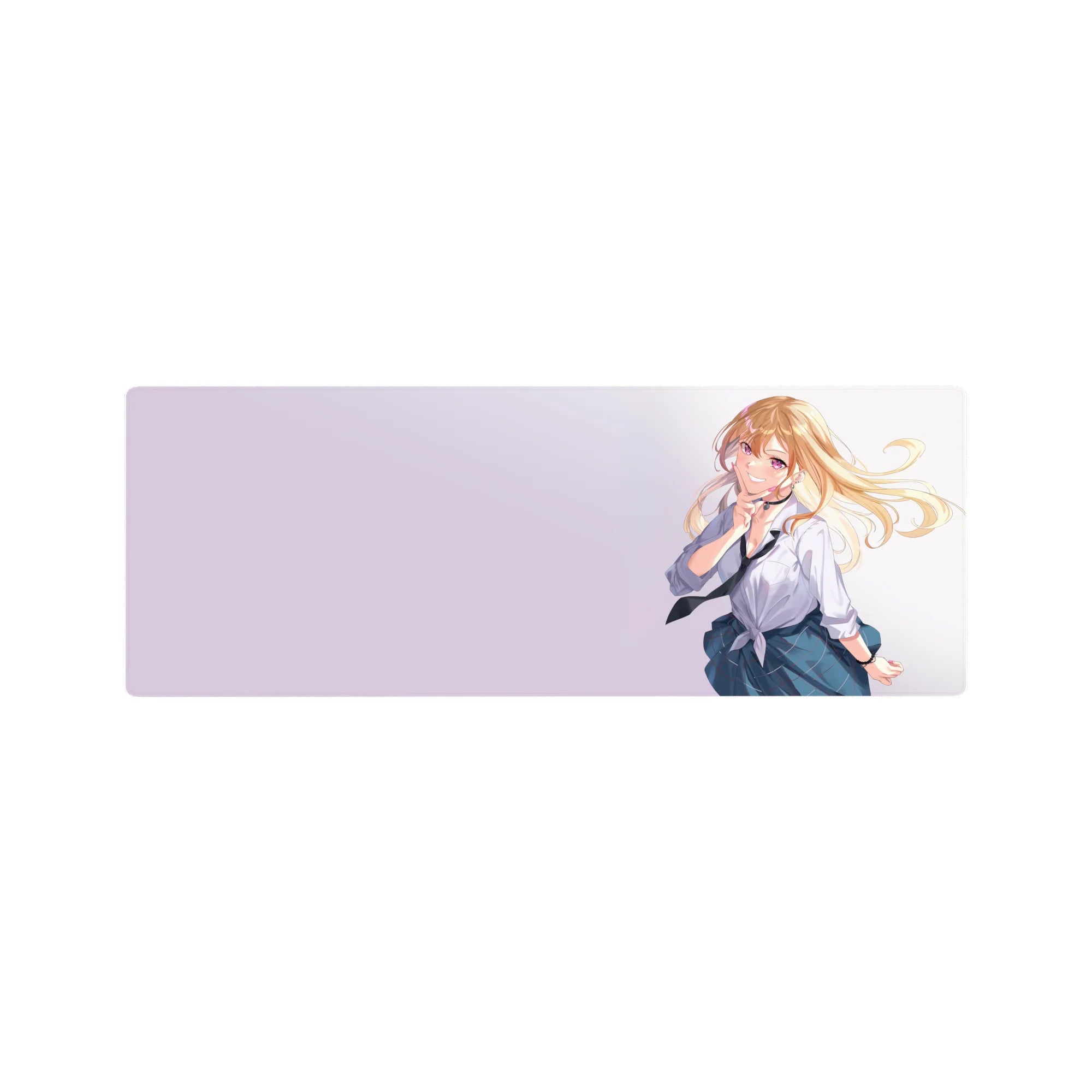 Anime girl mouse pad 32x12 inches with blonde violet-eyed schoolgirl, tie, plaid skirt, pastel backdrop.