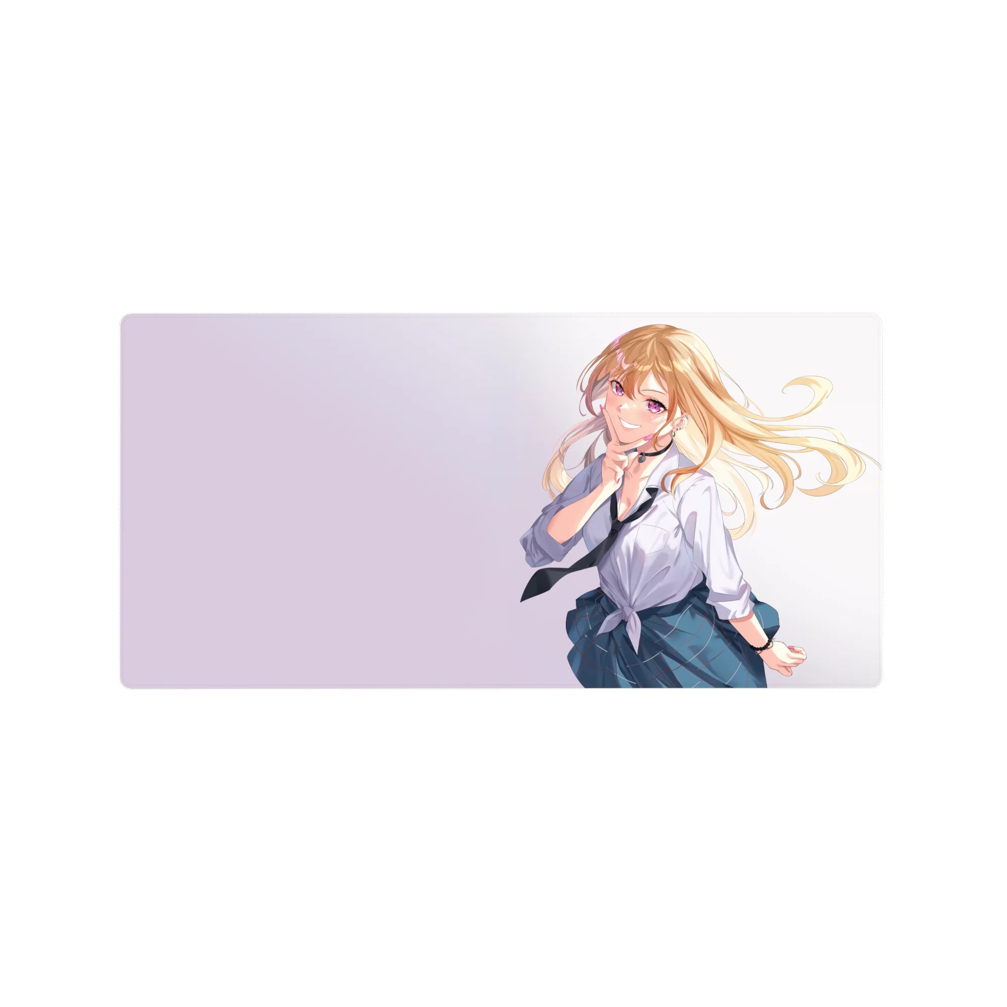 32x16 inches anime girl mouse pad with blonde violet-eyed student in white shirt, tie, and blue plaid skirt.