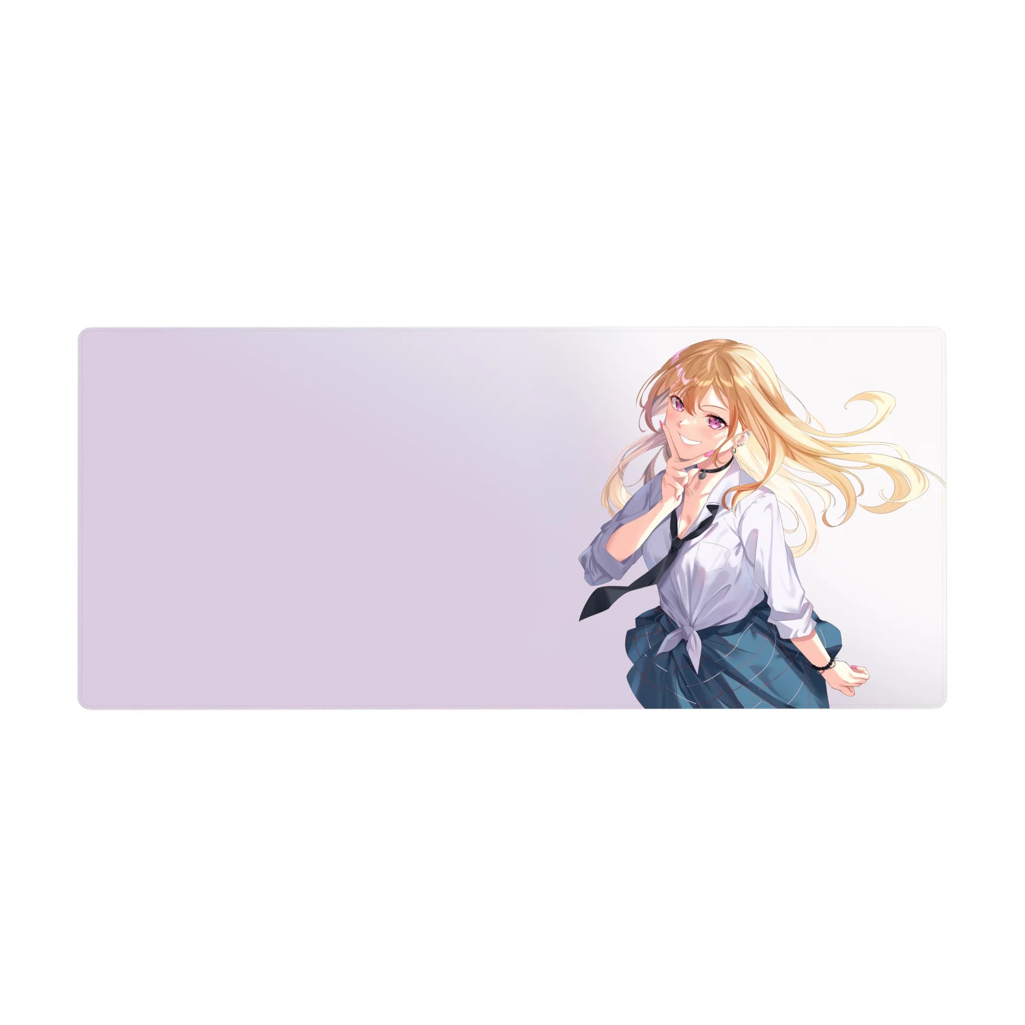 Anime girl desk pad 36x16 inches with blonde schoolgirl, plaid skirt, white shirt and loose black tie.