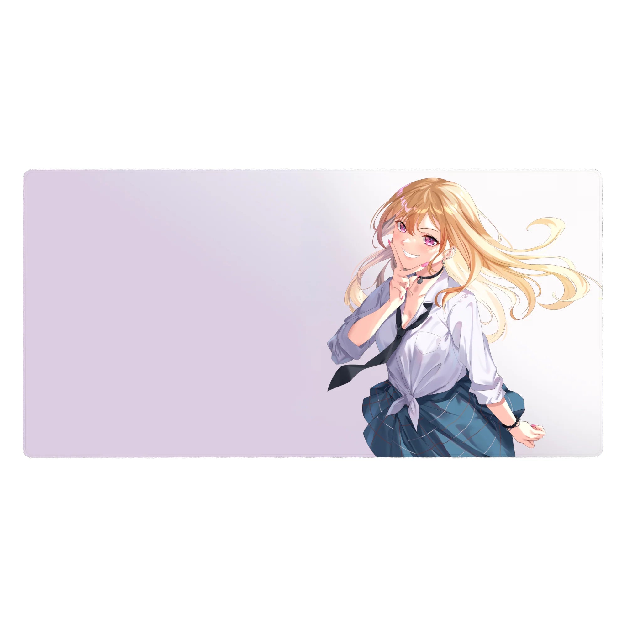 Anime girl desk pad 40x20 inches with blonde schoolgirl, plaid skirt, white shirt and loose tie design.
