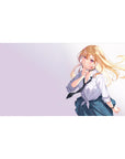 Anime girl desk pad 40x20 inches with blonde schoolgirl, plaid skirt, white shirt and loose tie design.