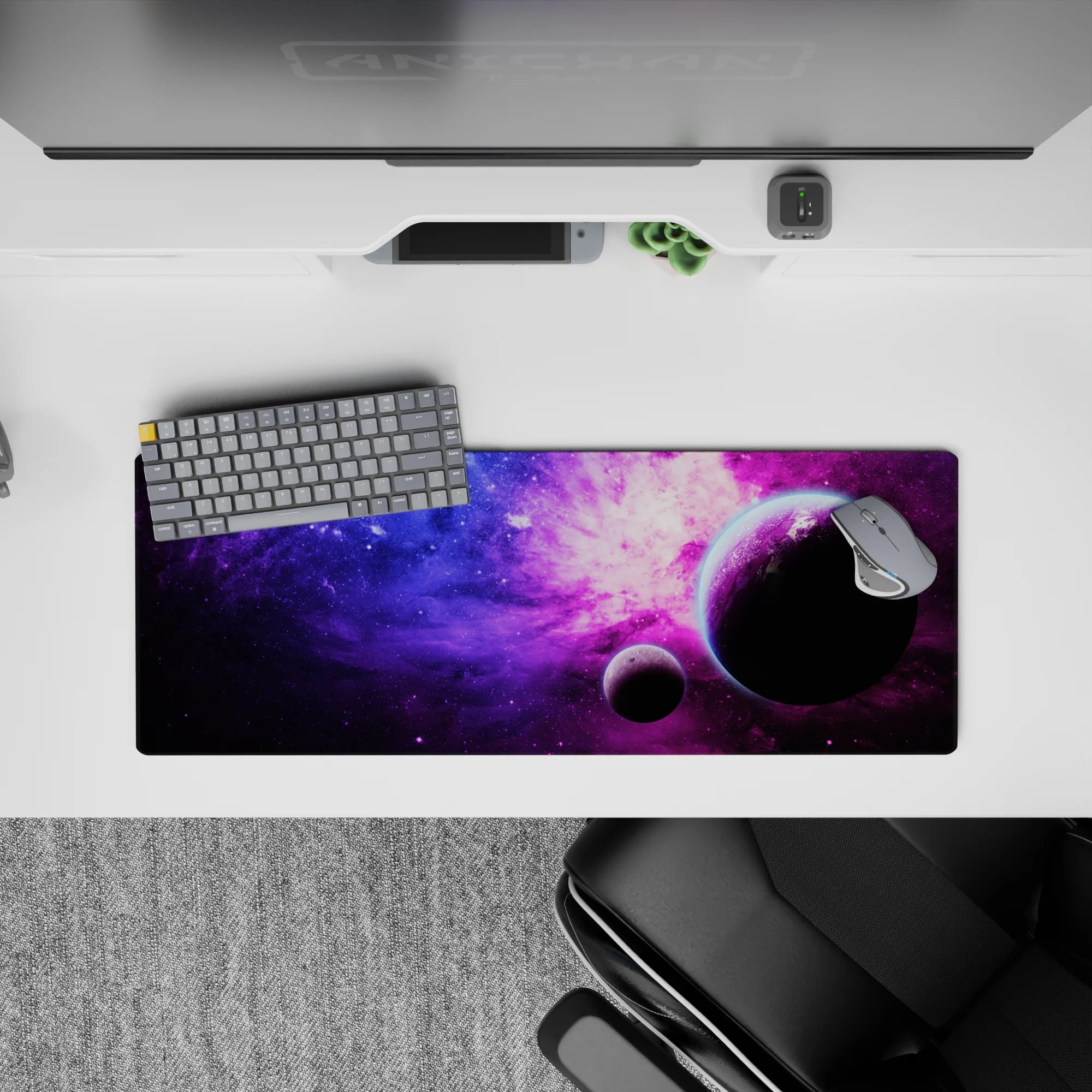 Dreamy 32x12 inches mouse pad in deep blue to violet with cotton-candy pink clouds, calming vibe.