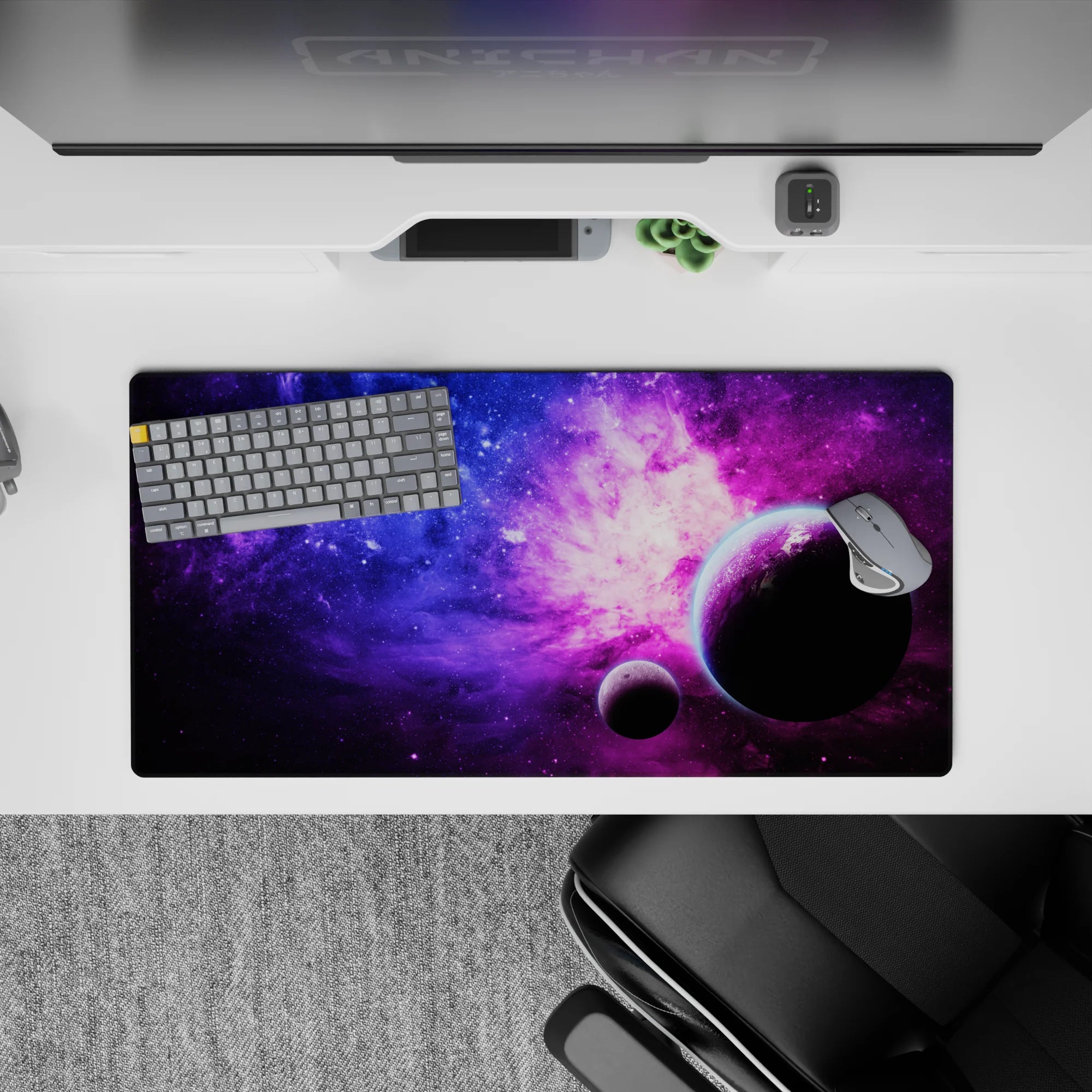 Electric violet and cotton-candy pink mood mouse pad 32x16 inches with deep blue to purple night-sky fade.