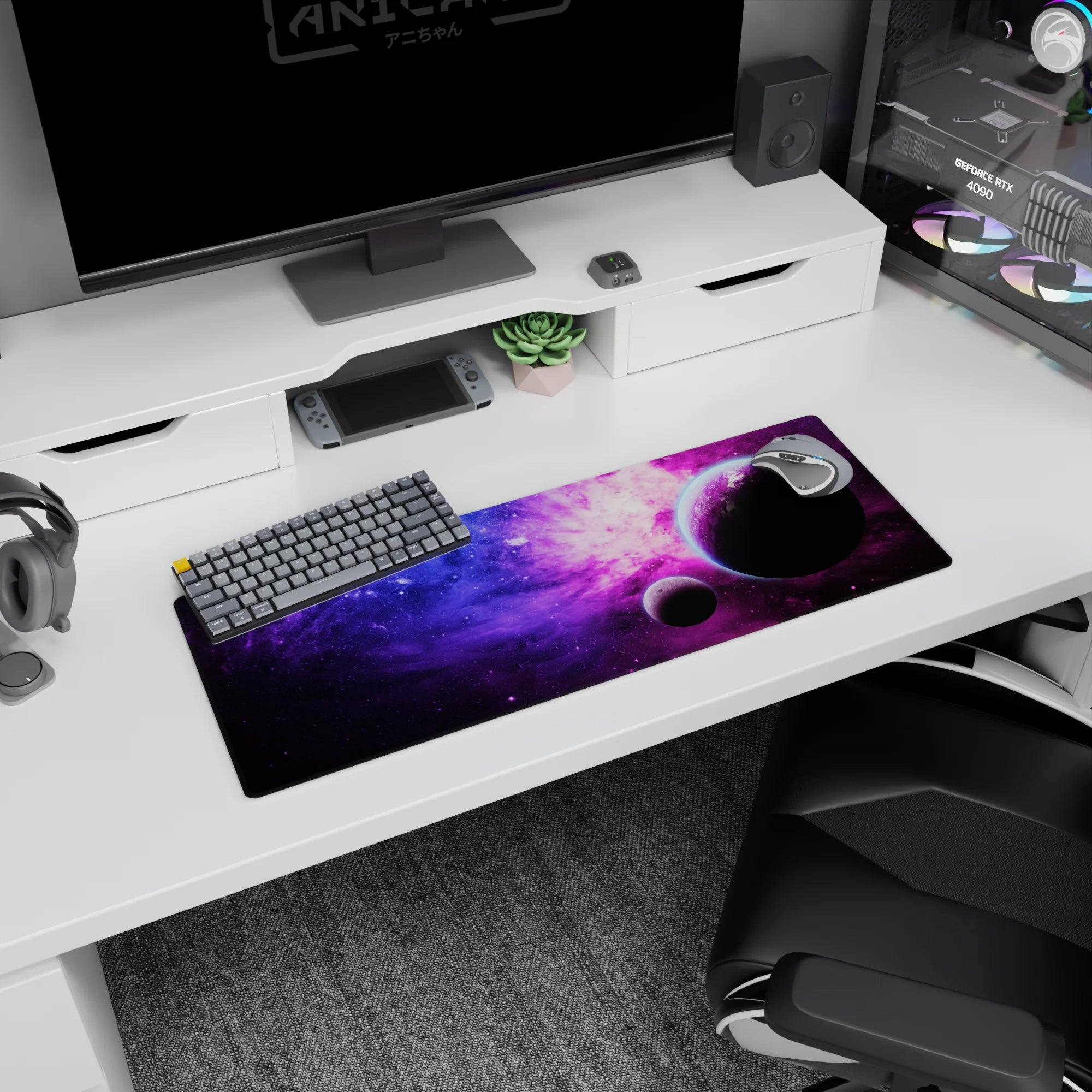 Space scene 32x12 inches mouse pad featuring two dark planets drifting through purple-pink nebula clouds.