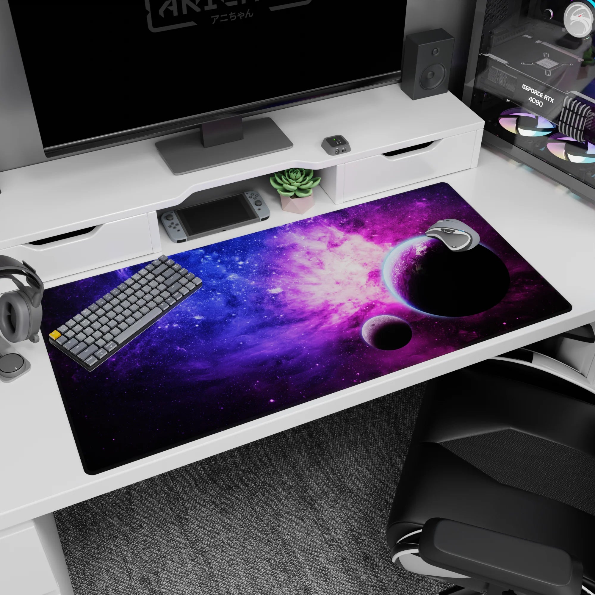 Starry space scene desk pad 40x20 inches featuring two dark planets drifting over a nebula sky.