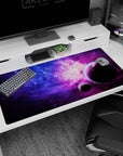 Starry space scene desk pad 40x20 inches featuring two dark planets drifting over a nebula sky.