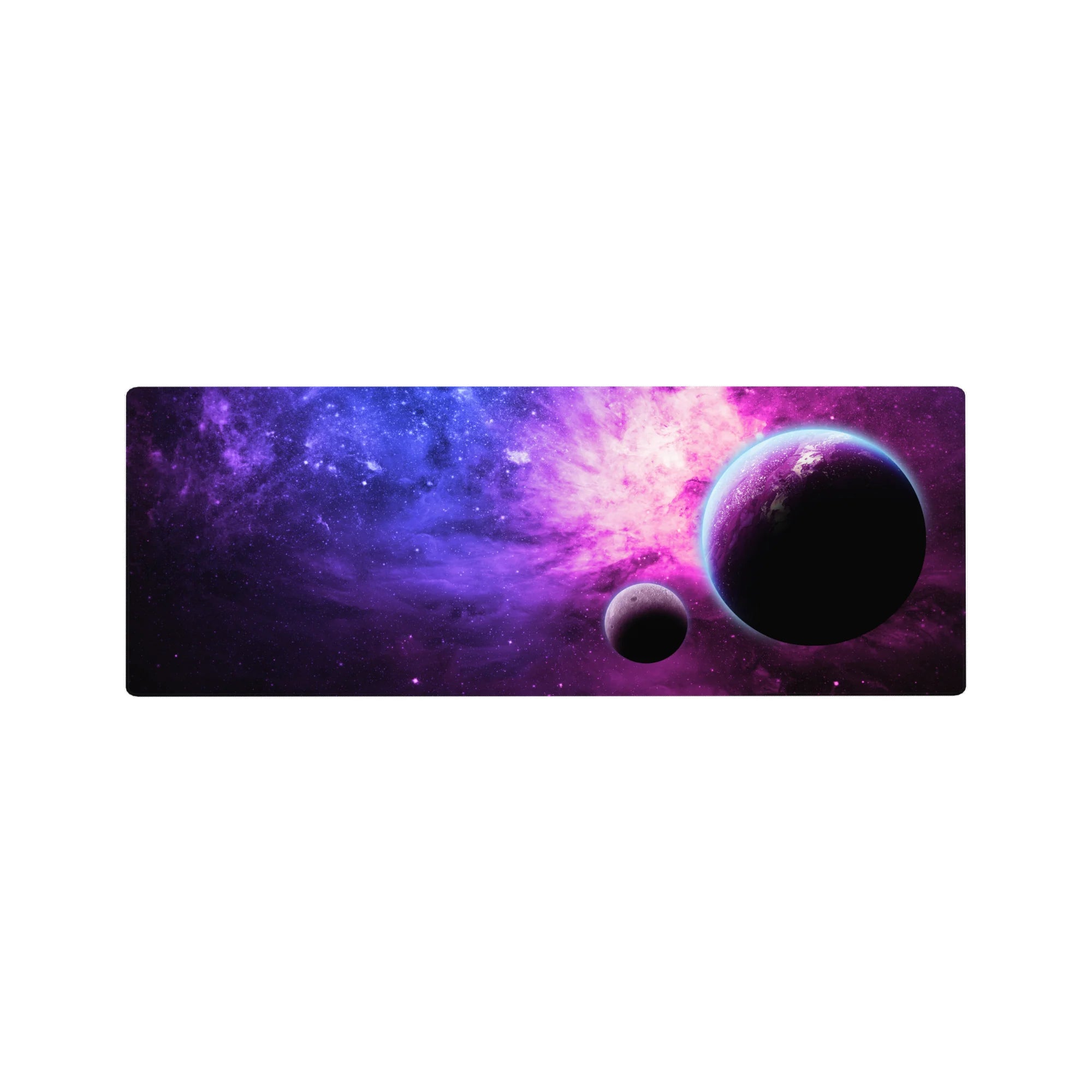 Galaxy desk mouse pad 32x12 inches with star-speckled sky gradient and two shadowy planets.