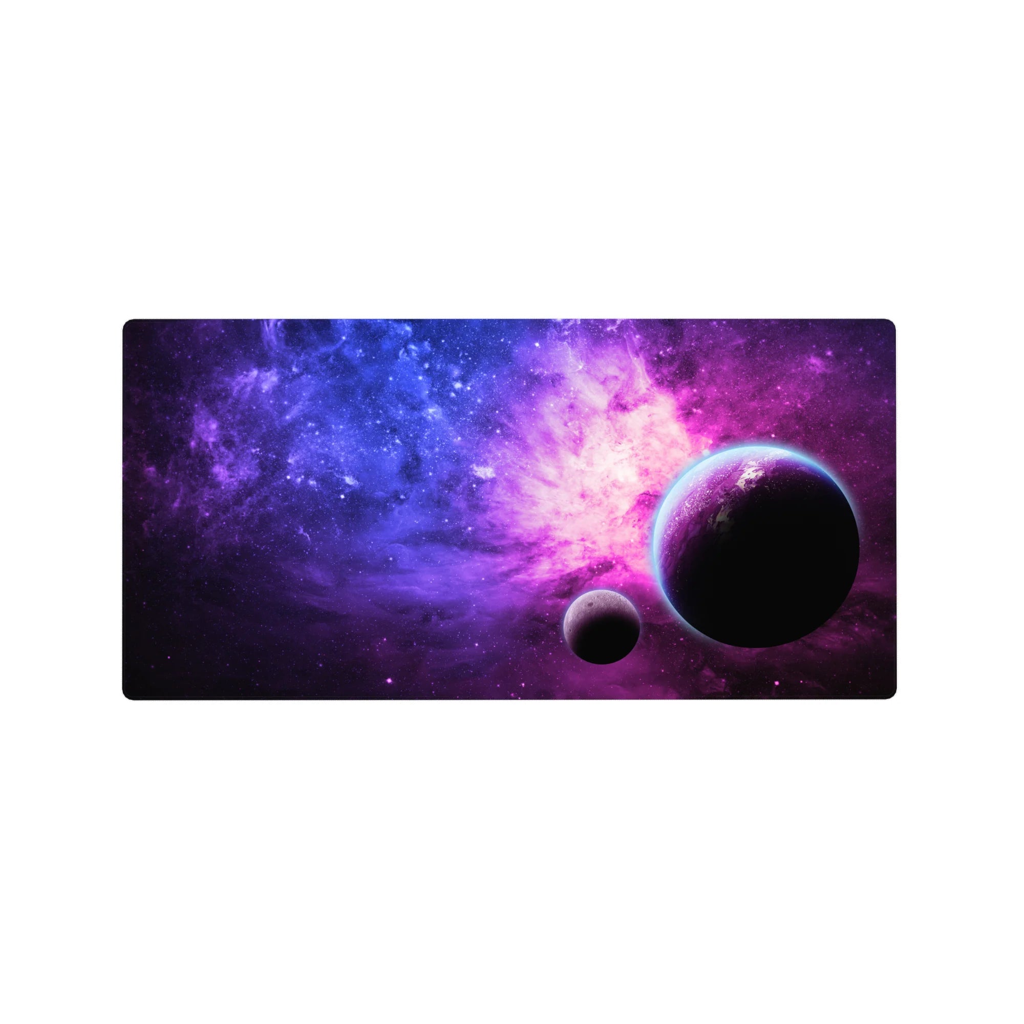 Galaxy swirl mouse pad 32x16 inches with star speckles and two shadowy planets on a dreamy space sky.