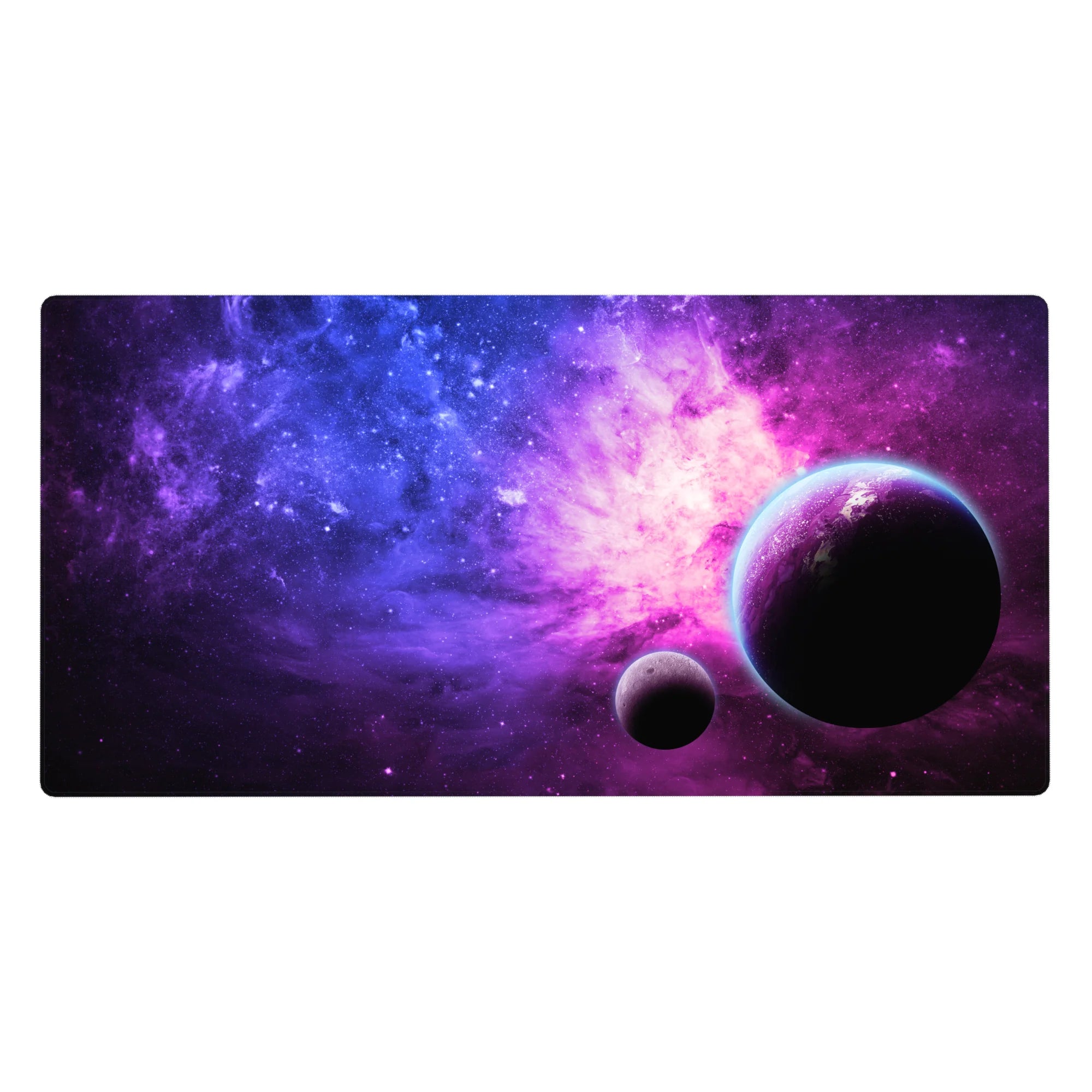 Galaxy desk pad 40x20 inches with star-speckled sky, purple-blue swirl, and two shadowy planets.