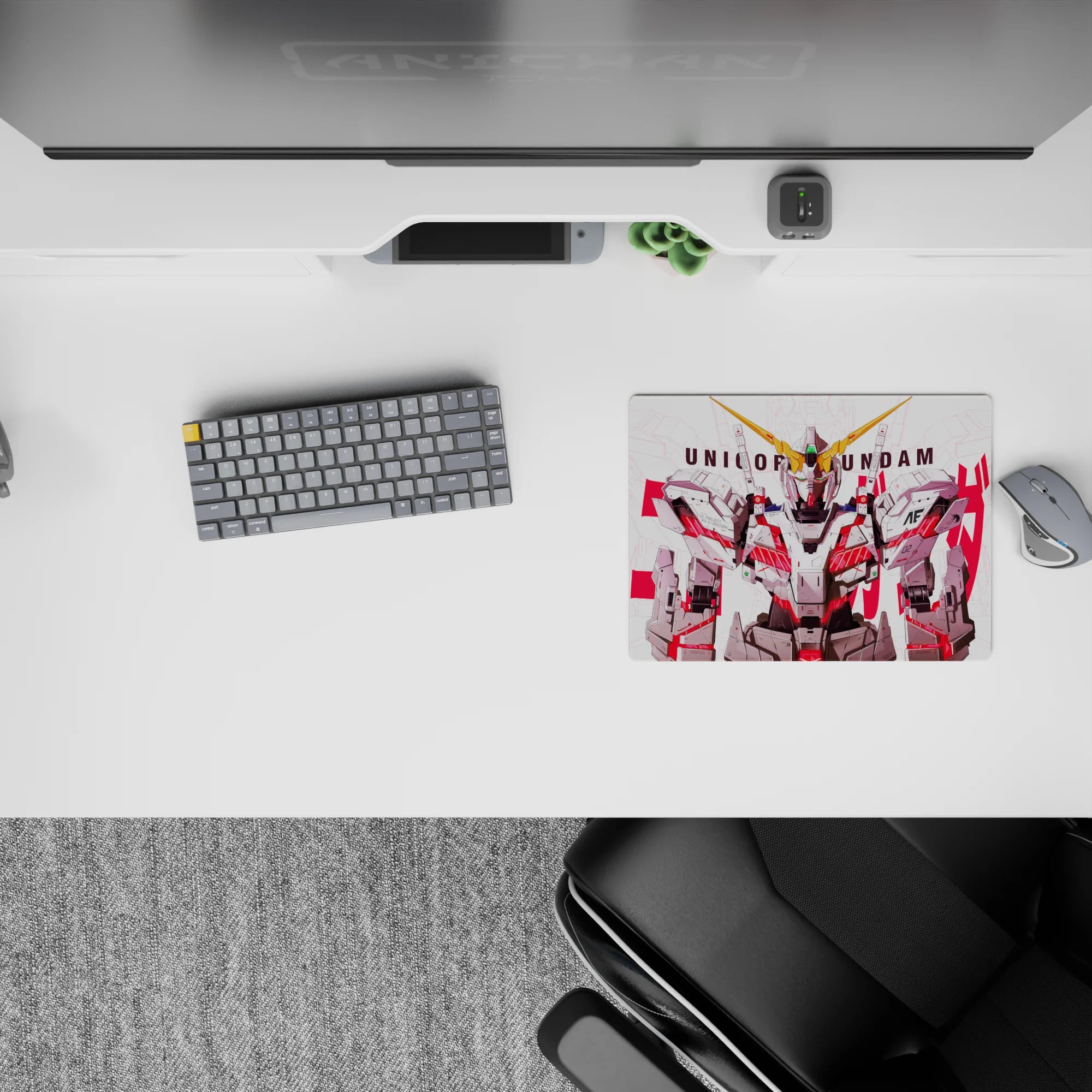 14x10 inches anime mouse pad in crisp white and gray with neon red psycho-frame lines, bold yet tidy feel.