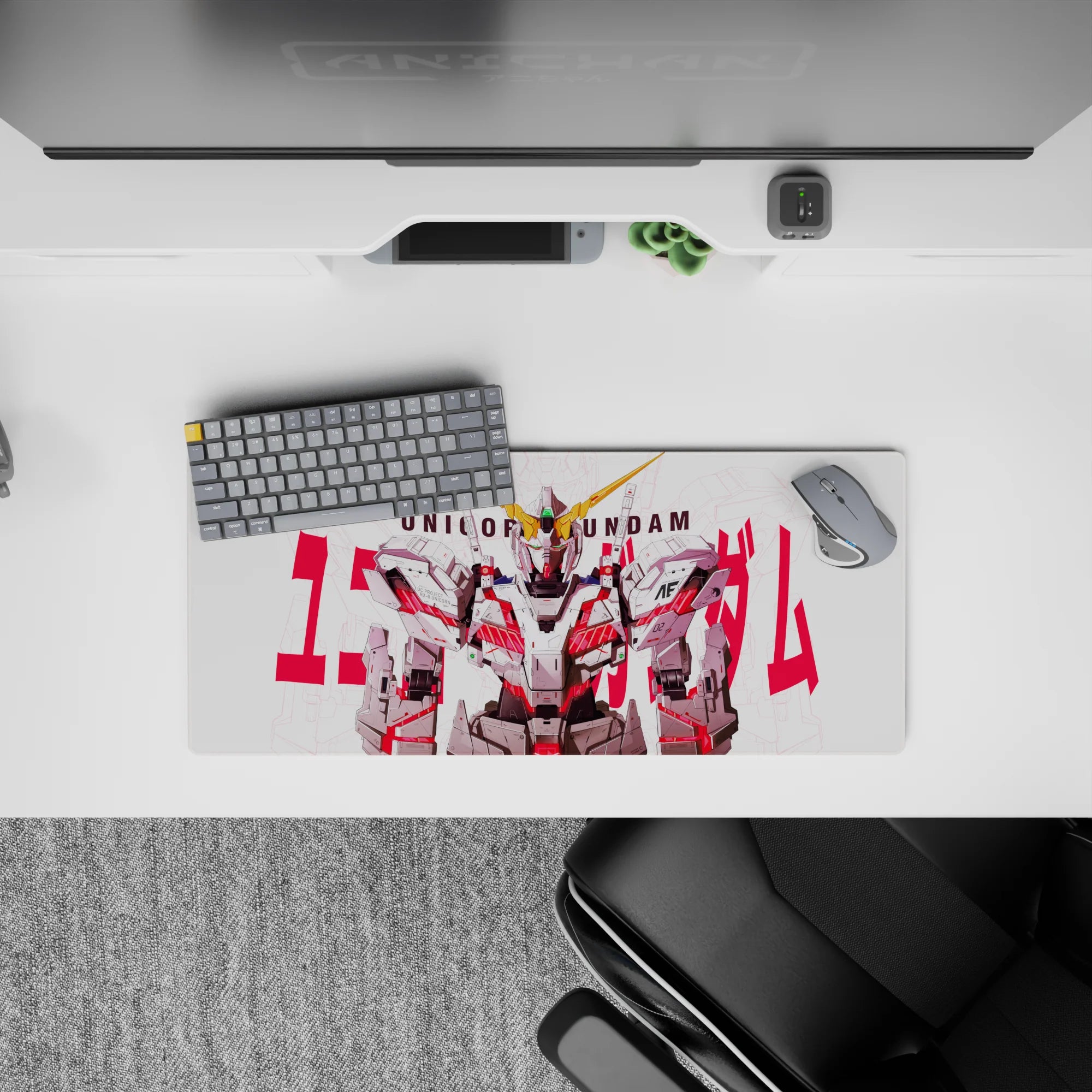 28x12 inches anime mouse pad in crisp white and gray armor with neon red psycho-frame accents.