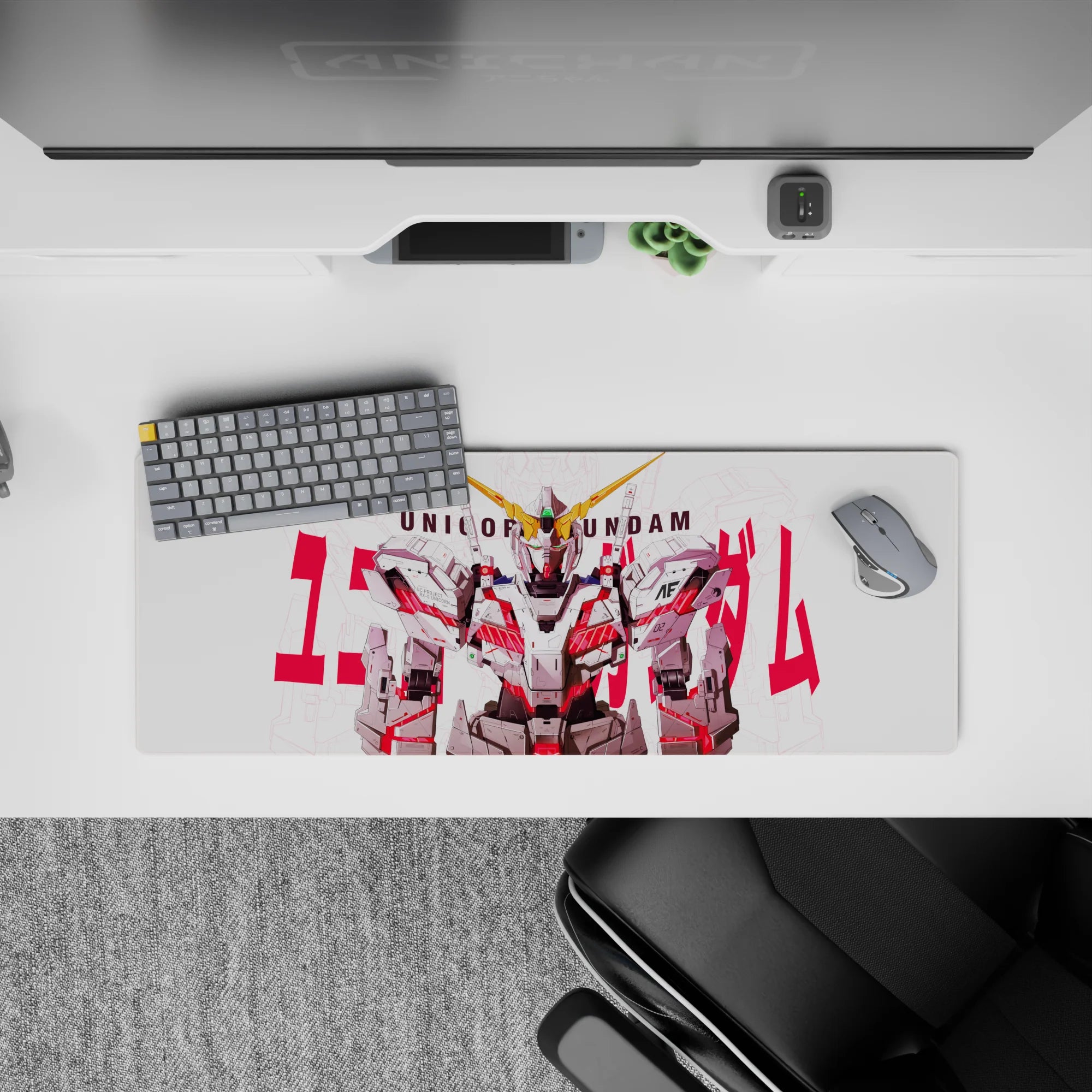 32x12 inches anime mouse pad in crisp white and gray armor with neon red psycho-frame accents, heroic feel.