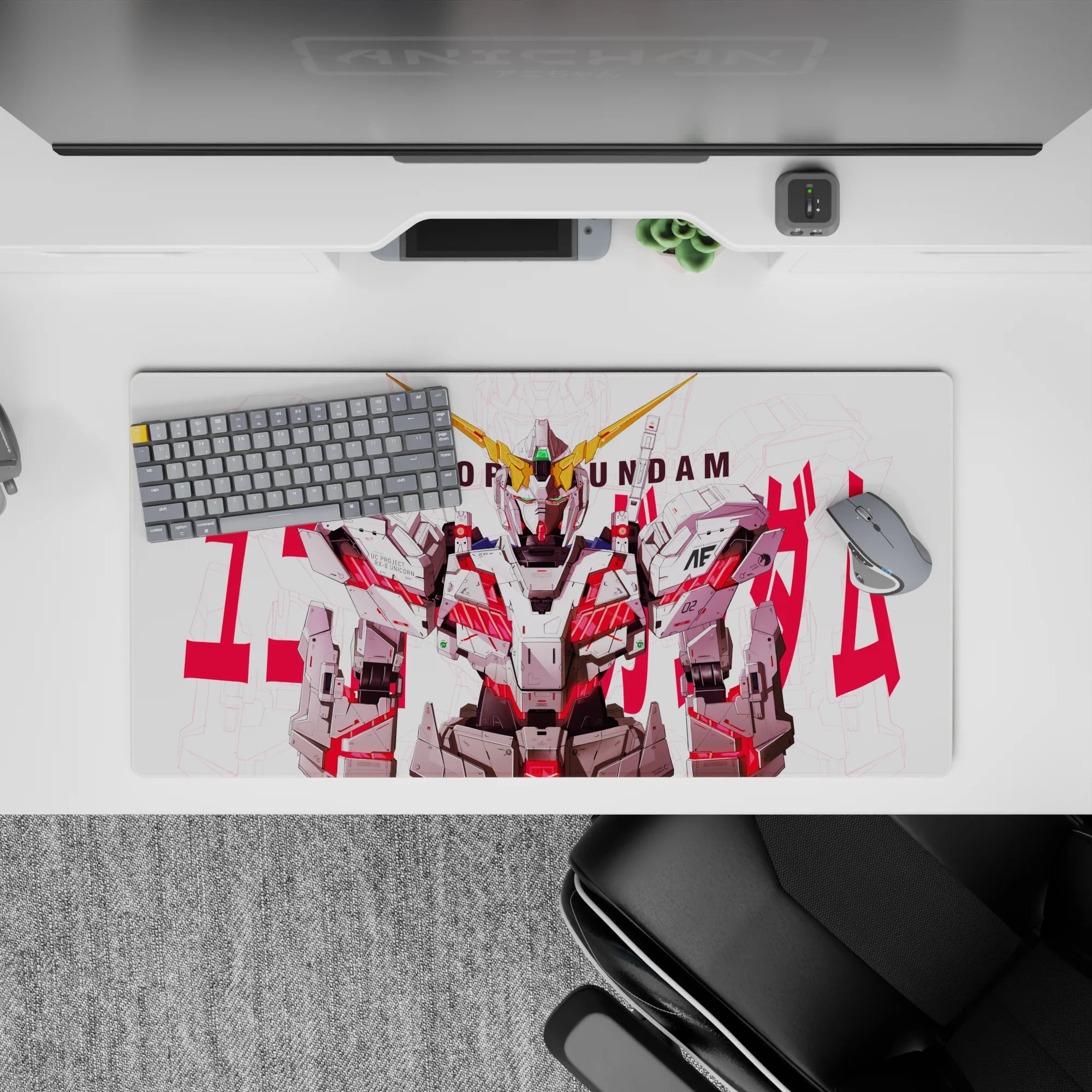 32x16 inches anime mouse pad in clean white and gray with neon red psycho-frame lines, heroic vibe.