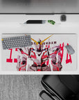 32x16 inches anime mouse pad in clean white and gray with neon red psycho-frame lines, heroic vibe.