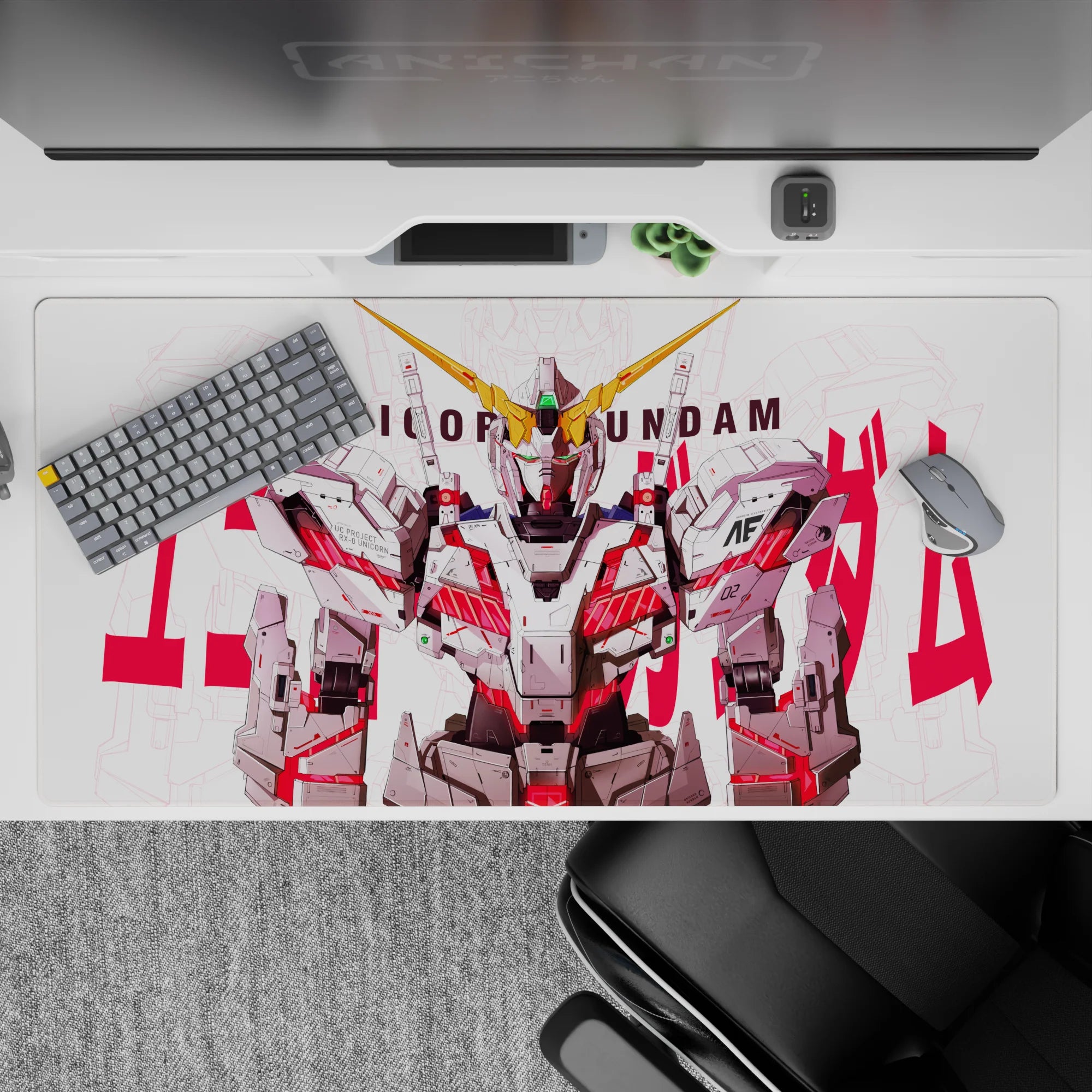 40x20 inches anime desk pad in crisp white and gray armor tones with neon red psycho-frame glow, heroic vibe.